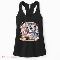Kawaii Cat Eating Sushi Cute Anime For Cat Lovers  Women's Tank Top thumb 0