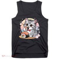 Kawaii Cat Eating Sushi Cute Anime For Cat Lovers  Tank Top thumb 0