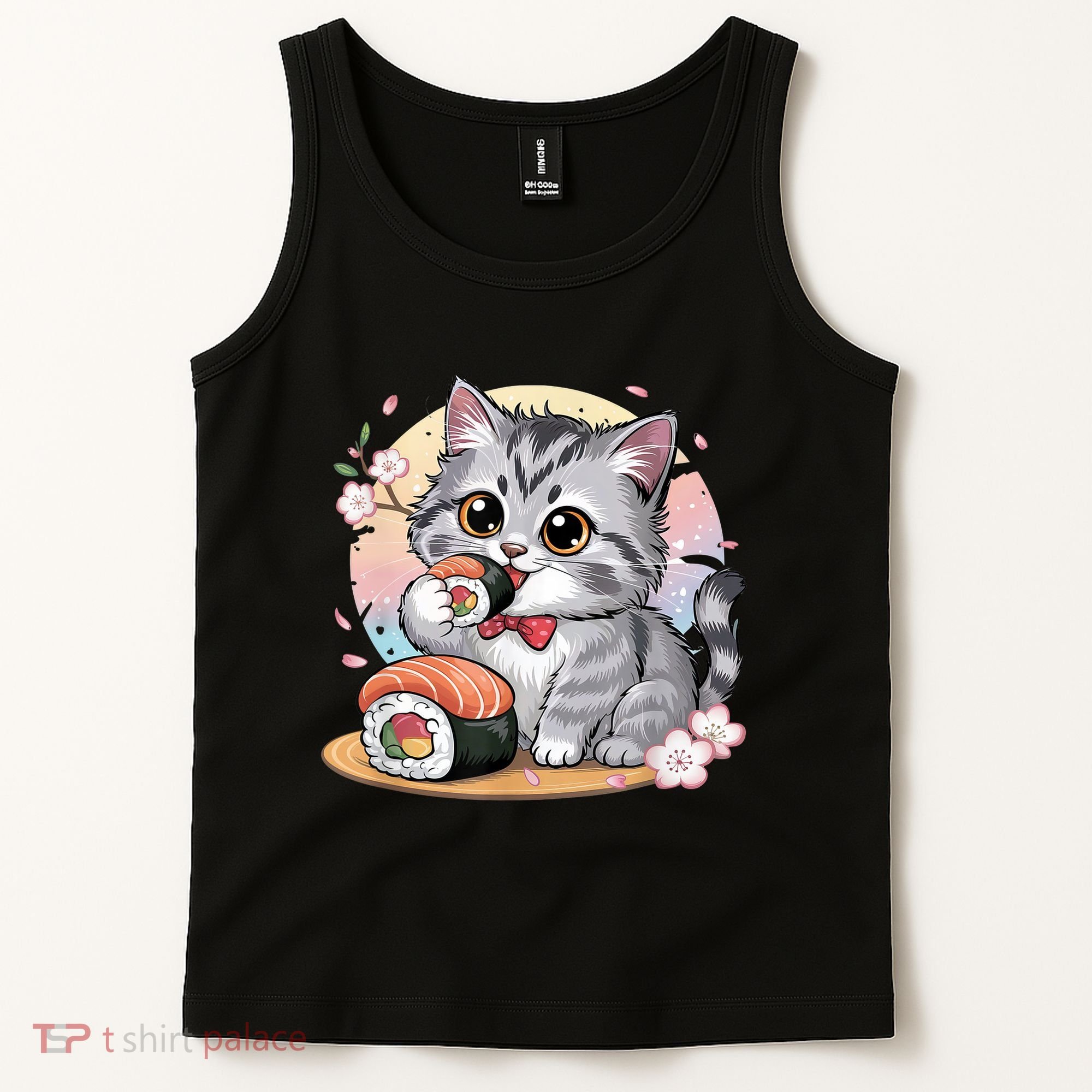 Kawaii Cat Eating Sushi Cute Anime For Cat Lovers  Tank Top