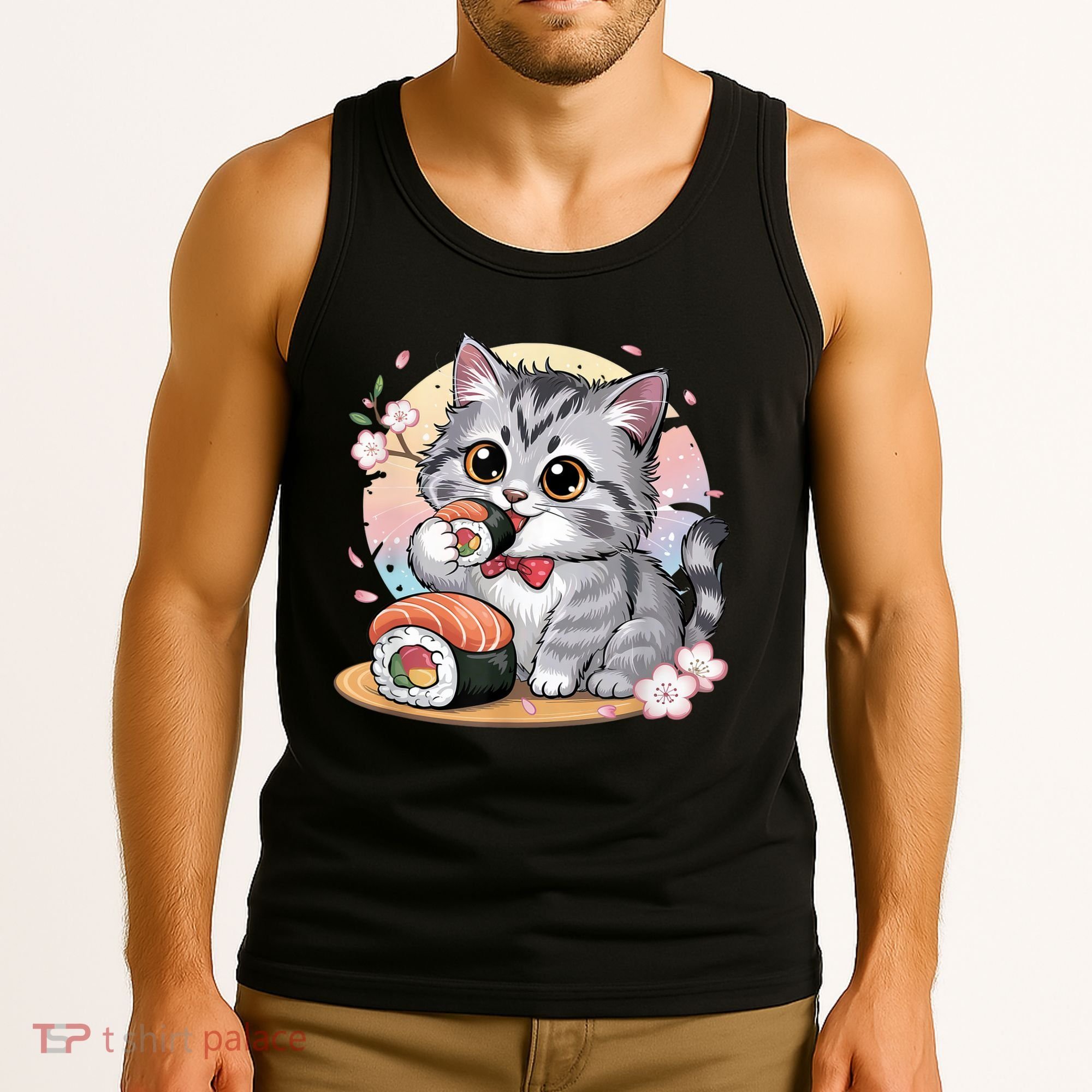 Kawaii Cat Eating Sushi Cute Anime For Cat Lovers  Tank Top