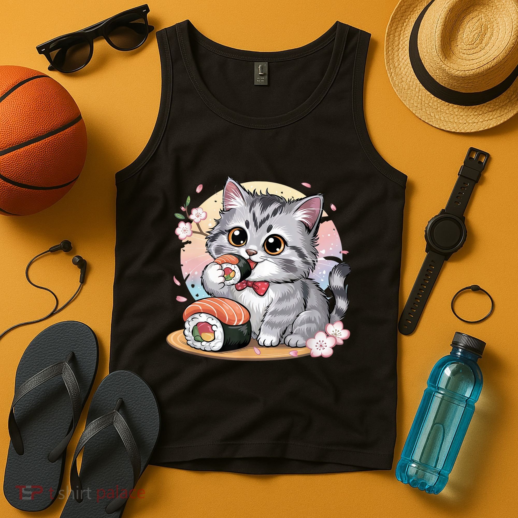 Kawaii Cat Eating Sushi Cute Anime For Cat Lovers  Tank Top