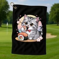 Kawaii Cat Eating Sushi Cute Anime For Cat Lovers  Golf Towel thumb 1