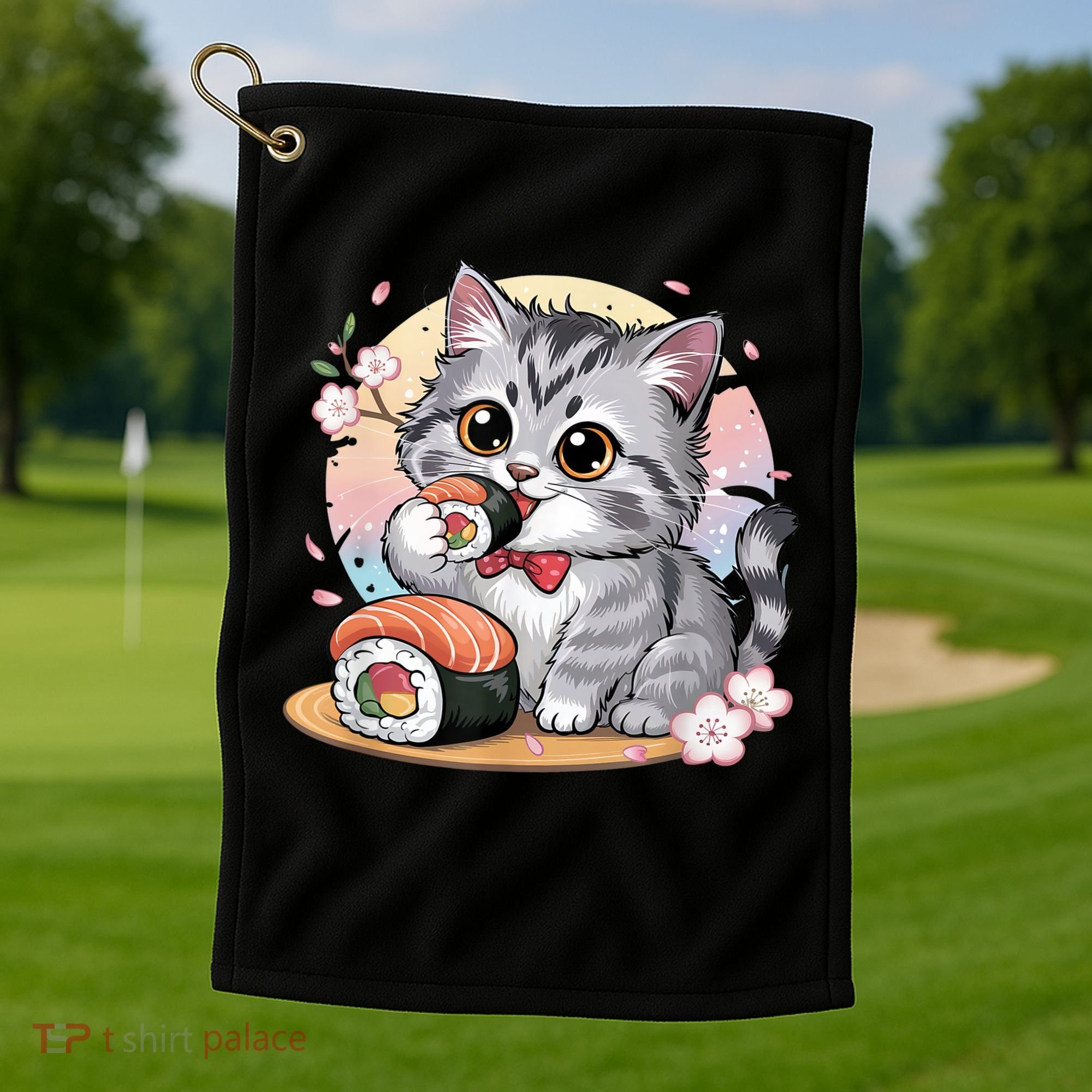 Kawaii Cat Eating Sushi Cute Anime For Cat Lovers  Golf Towel