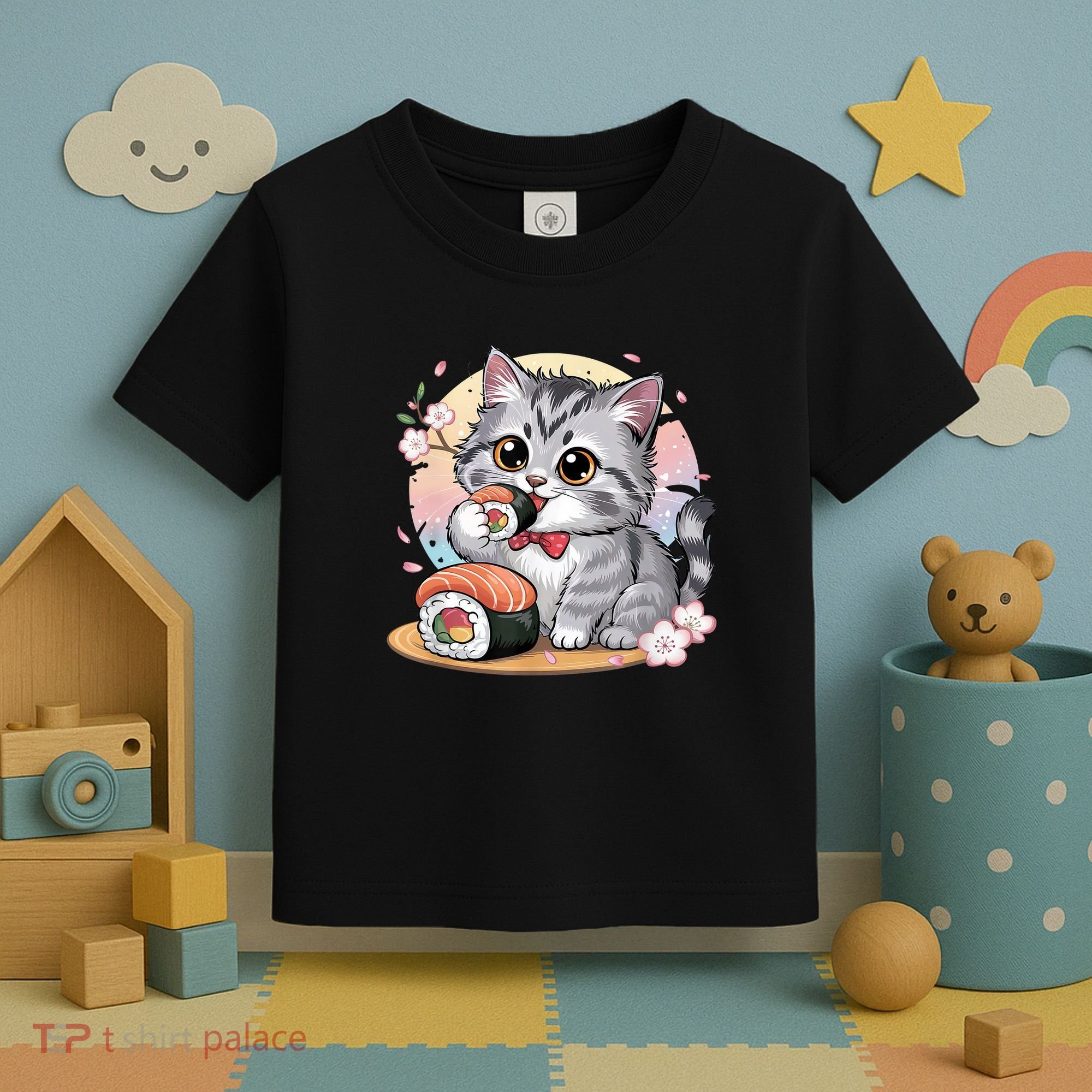 Kawaii Cat Eating Sushi Cute Anime For Cat Lovers  Toddler T-Shirt