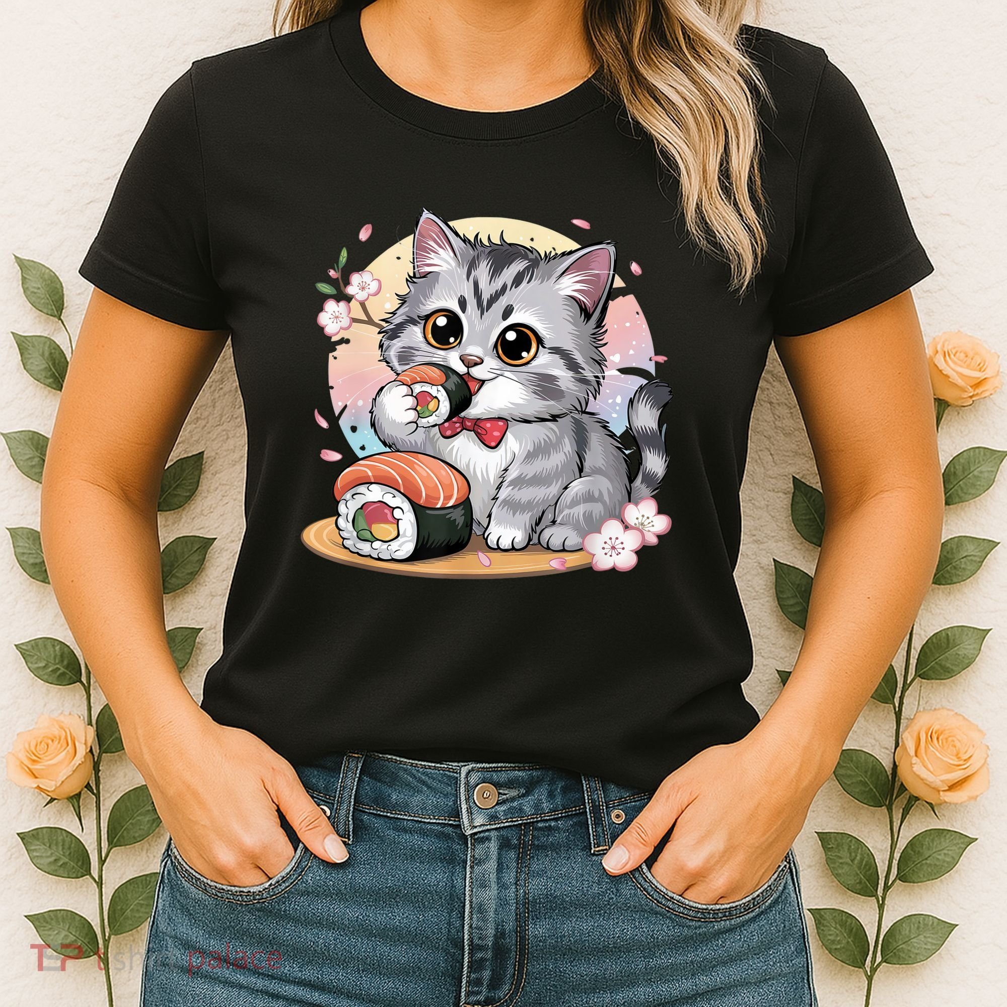 Kawaii Cat Eating Sushi Cute Anime For Cat Lovers  Women's T-Shirt