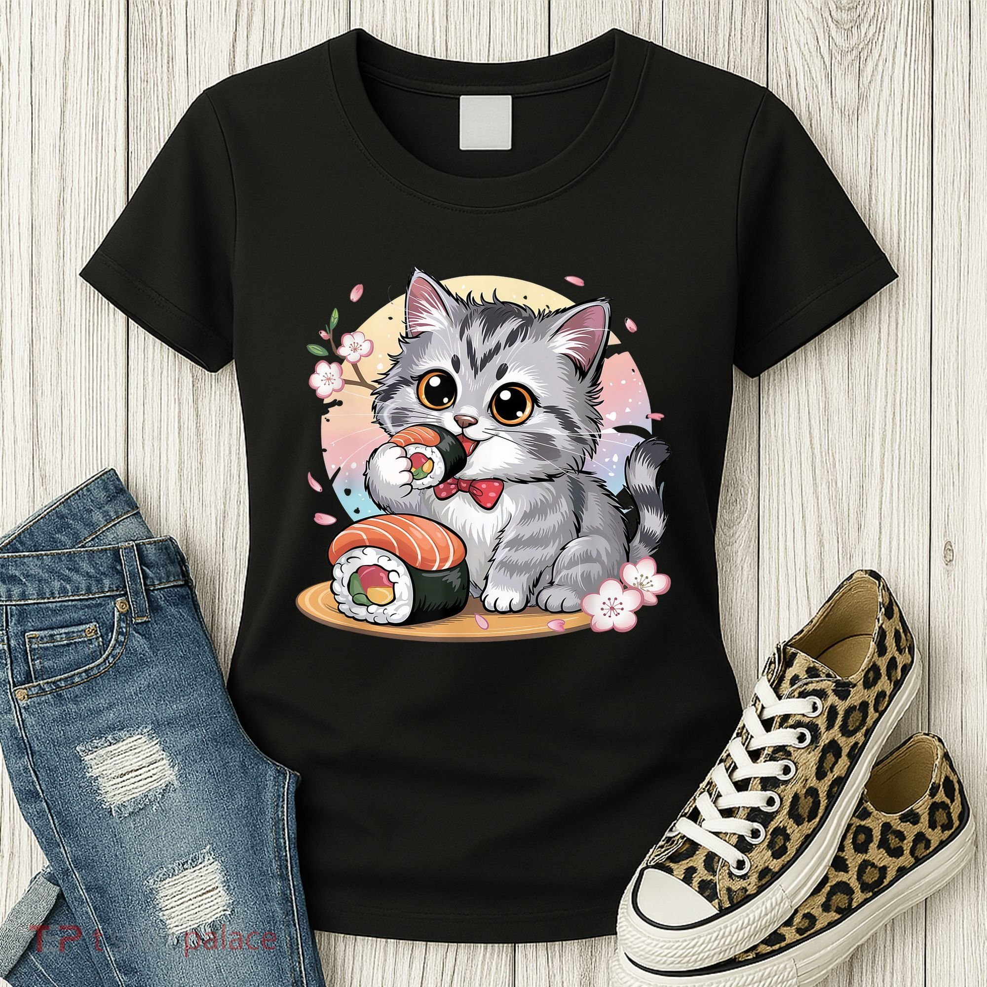 Kawaii Cat Eating Sushi Cute Anime For Cat Lovers  Women's T-Shirt