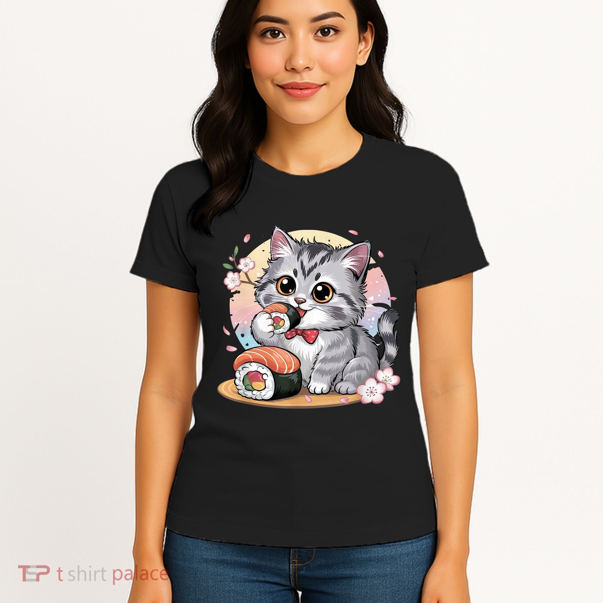 Kawaii Cat Eating Sushi Cute Anime For Cat Lovers  Women's T-Shirt