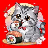 Kawaii Cat Eating Sushi Cute Anime For Cat Lovers  Santa Hat thumb 1