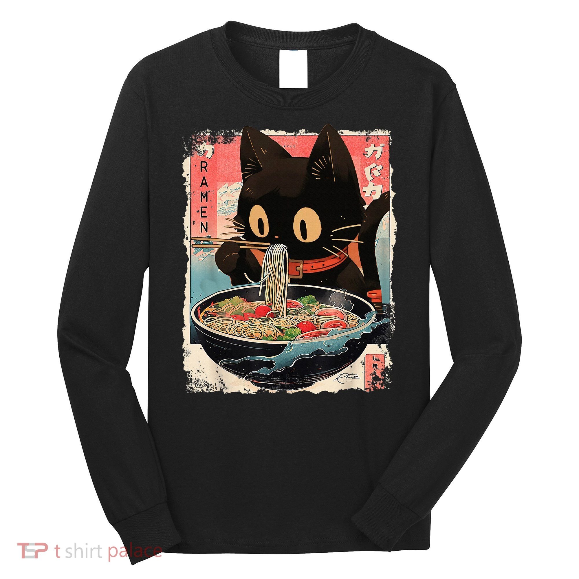 Kawaii Cat Eating Ramen Noodles Anime Long Sleeve Shirt