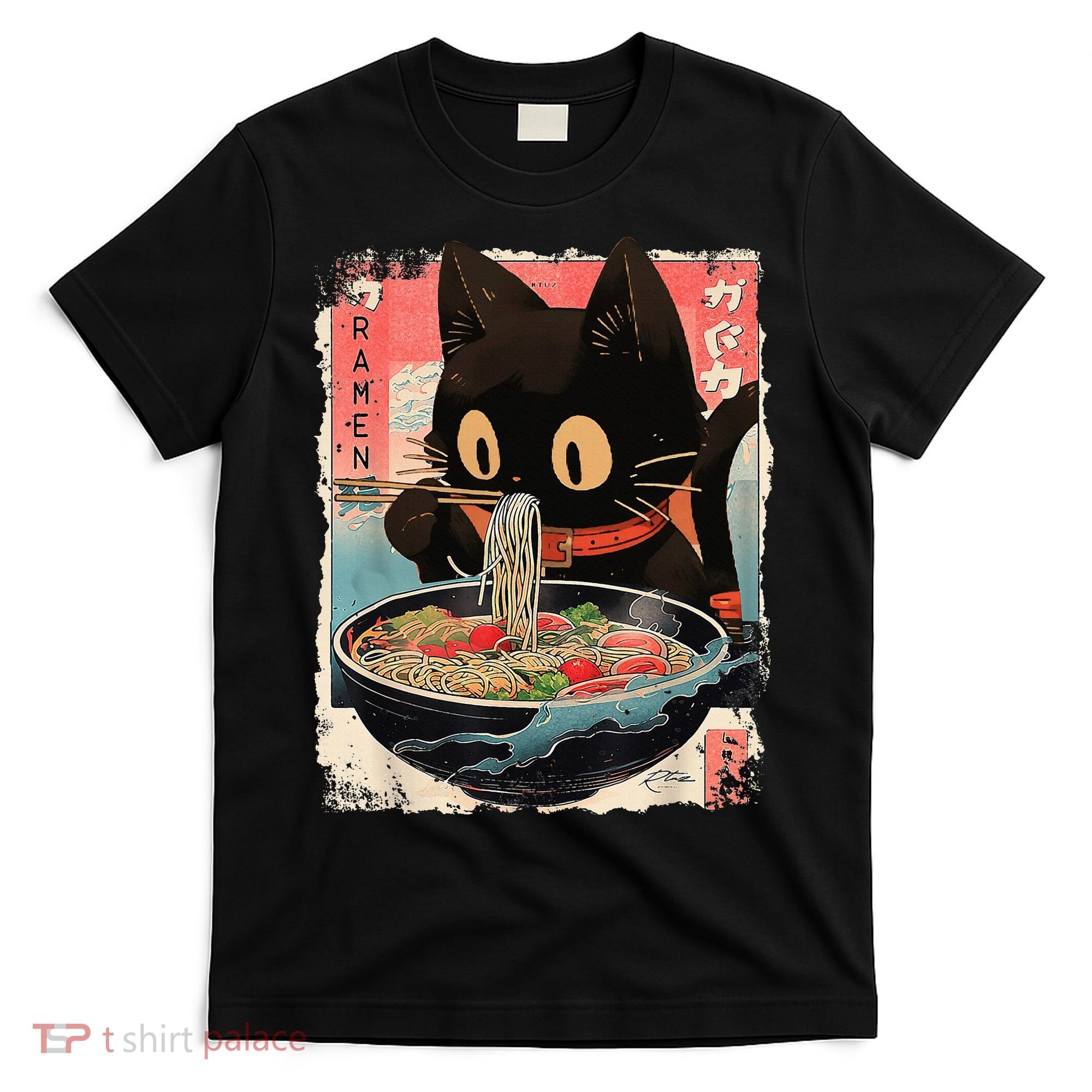 Kawaii Cat Eating Ramen Noodles Anime T-Shirt