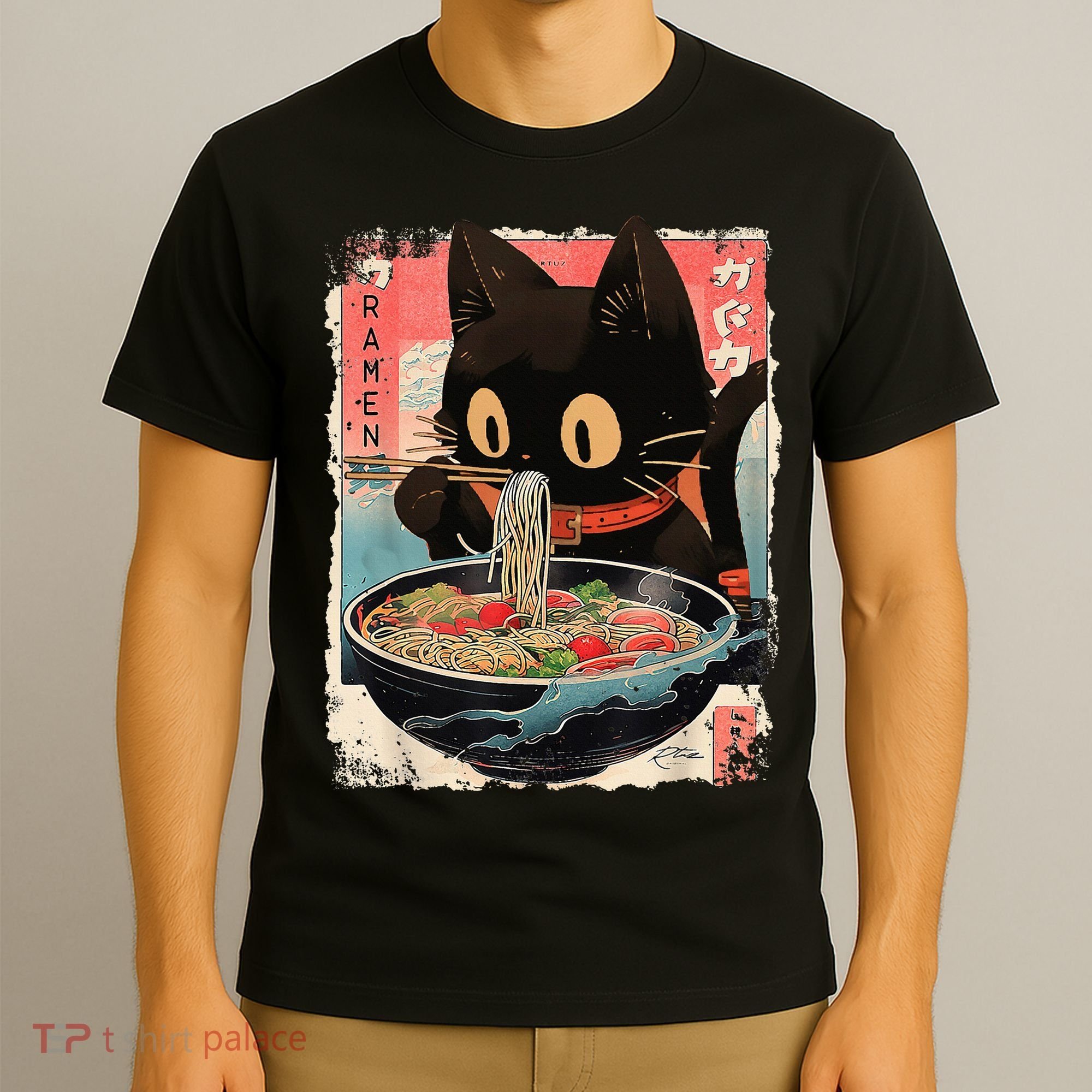 Kawaii Cat Eating Ramen Noodles Anime T-Shirt