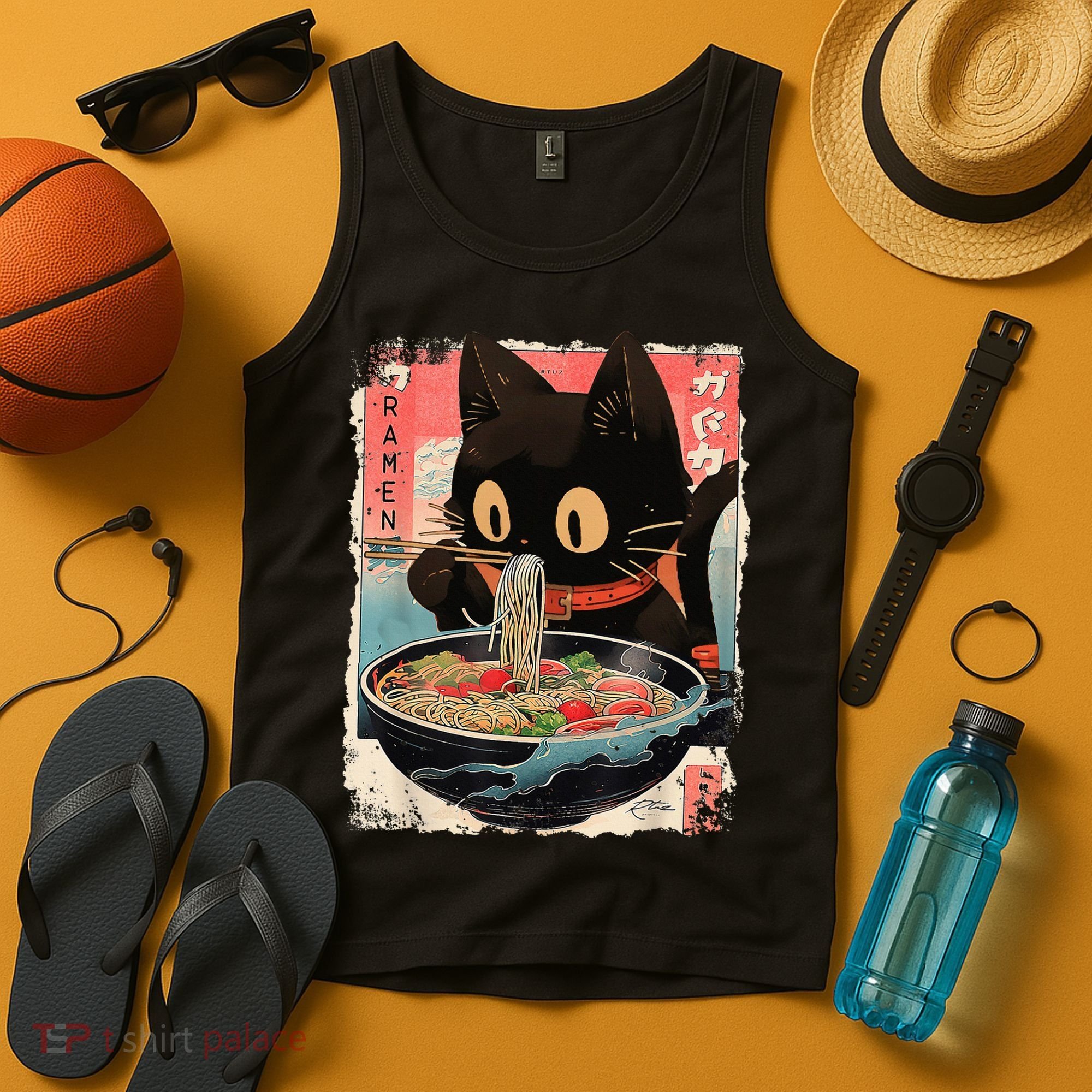Kawaii Cat Eating Ramen Noodles Anime Tank Top