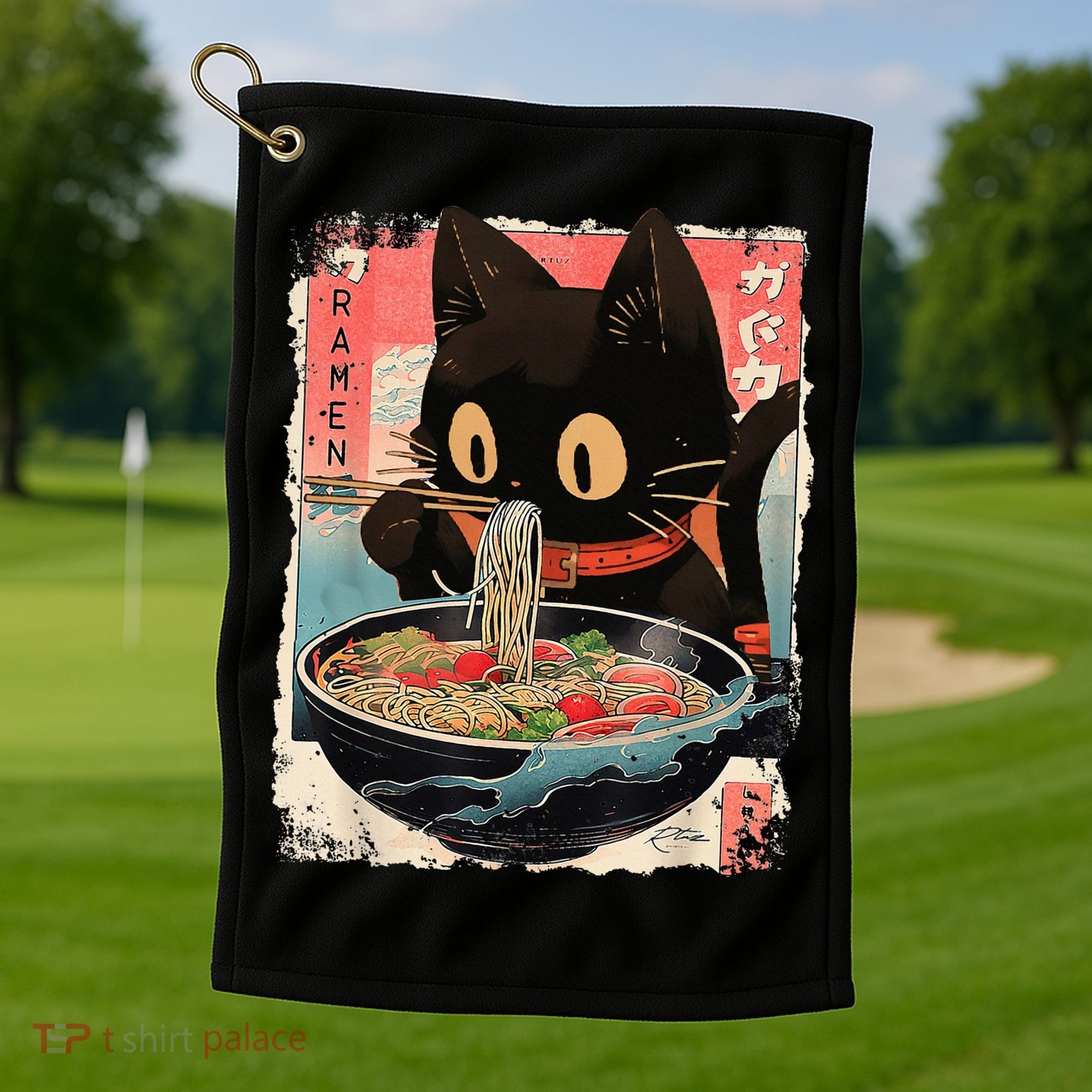 Kawaii Cat Eating Ramen Noodles Anime Golf Towel
