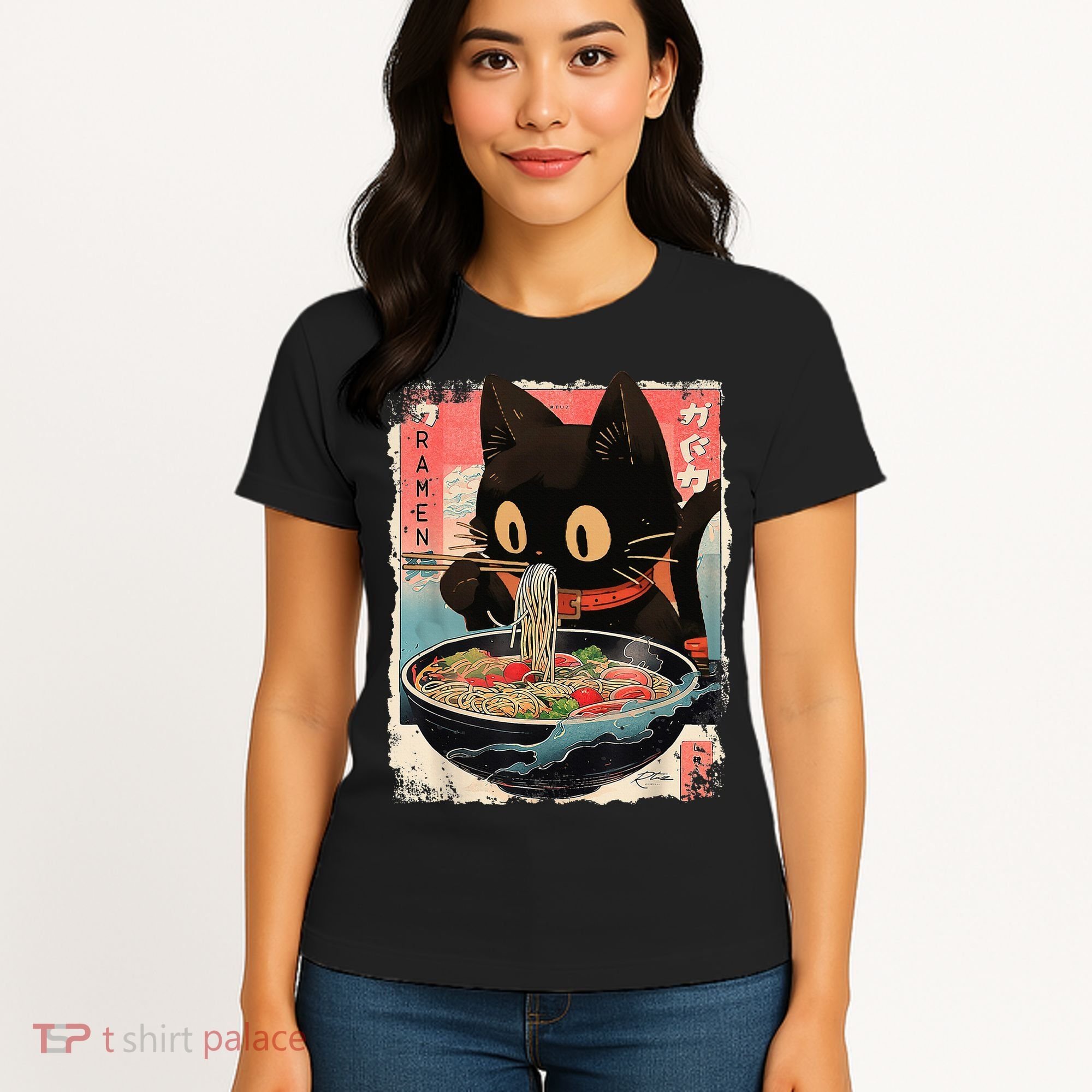 Kawaii Cat Eating Ramen Noodles Anime Women's T-Shirt