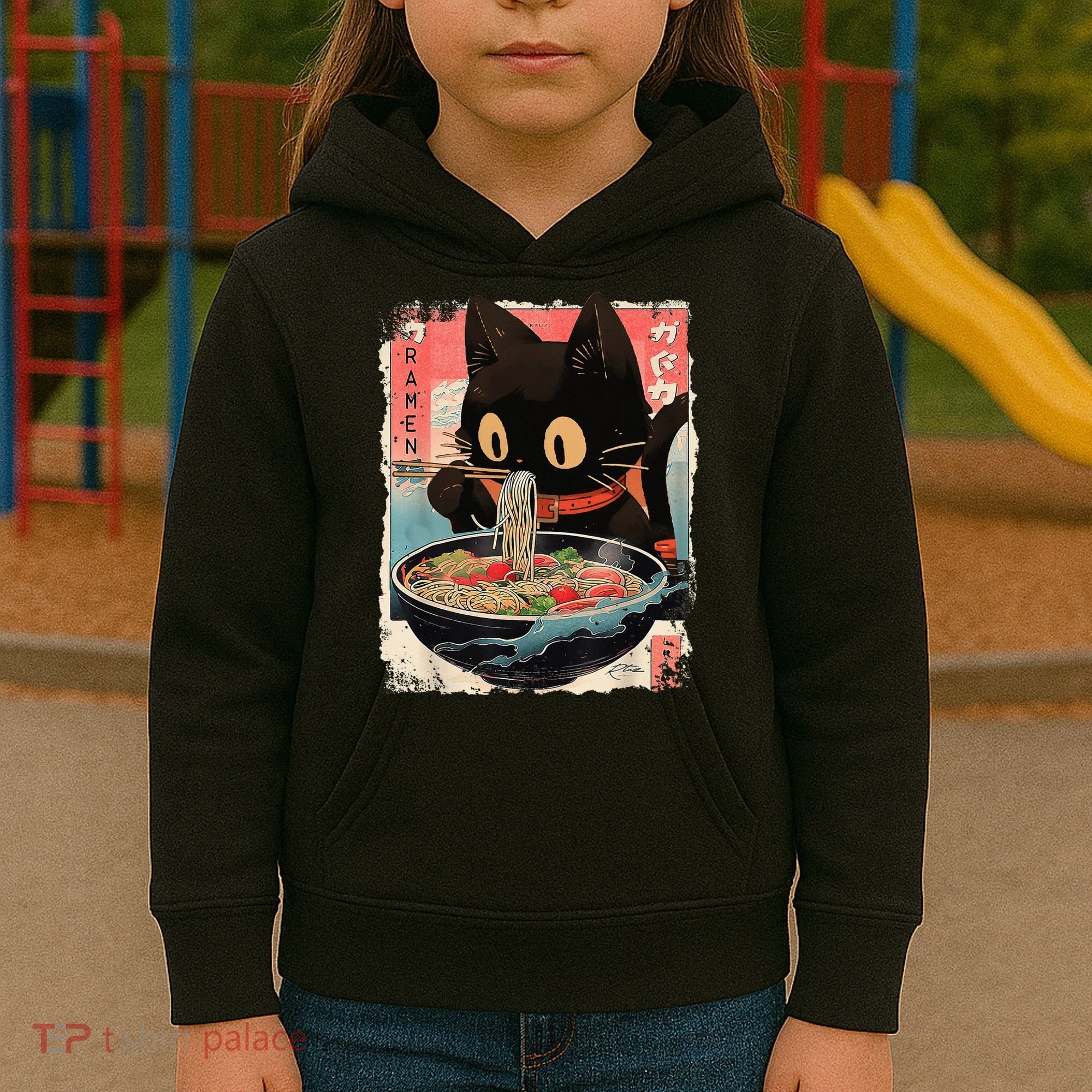Kawaii Cat Eating Ramen Noodles Anime Kids Hoodie