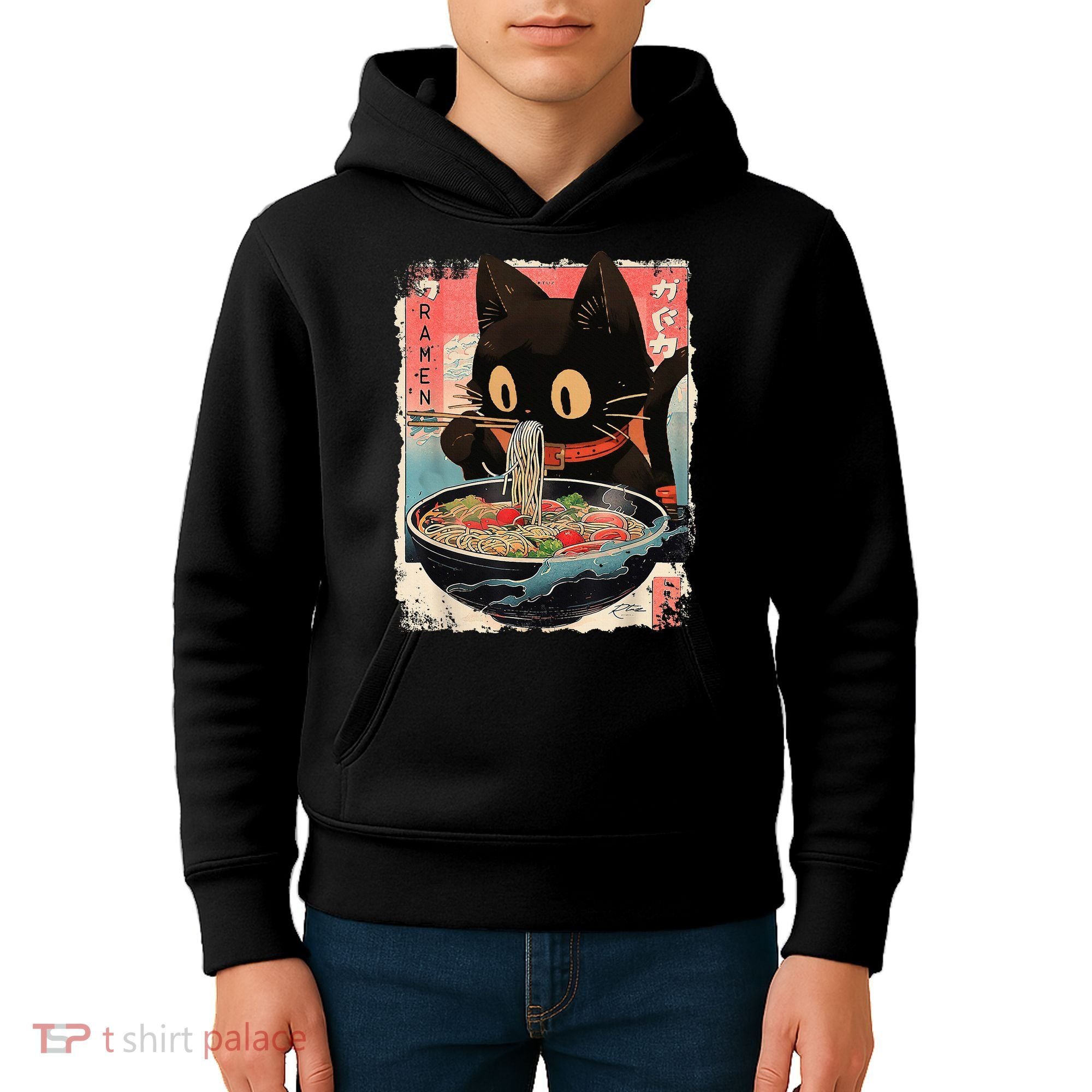 Kawaii Cat Eating Ramen Noodles Anime Kids Hoodie