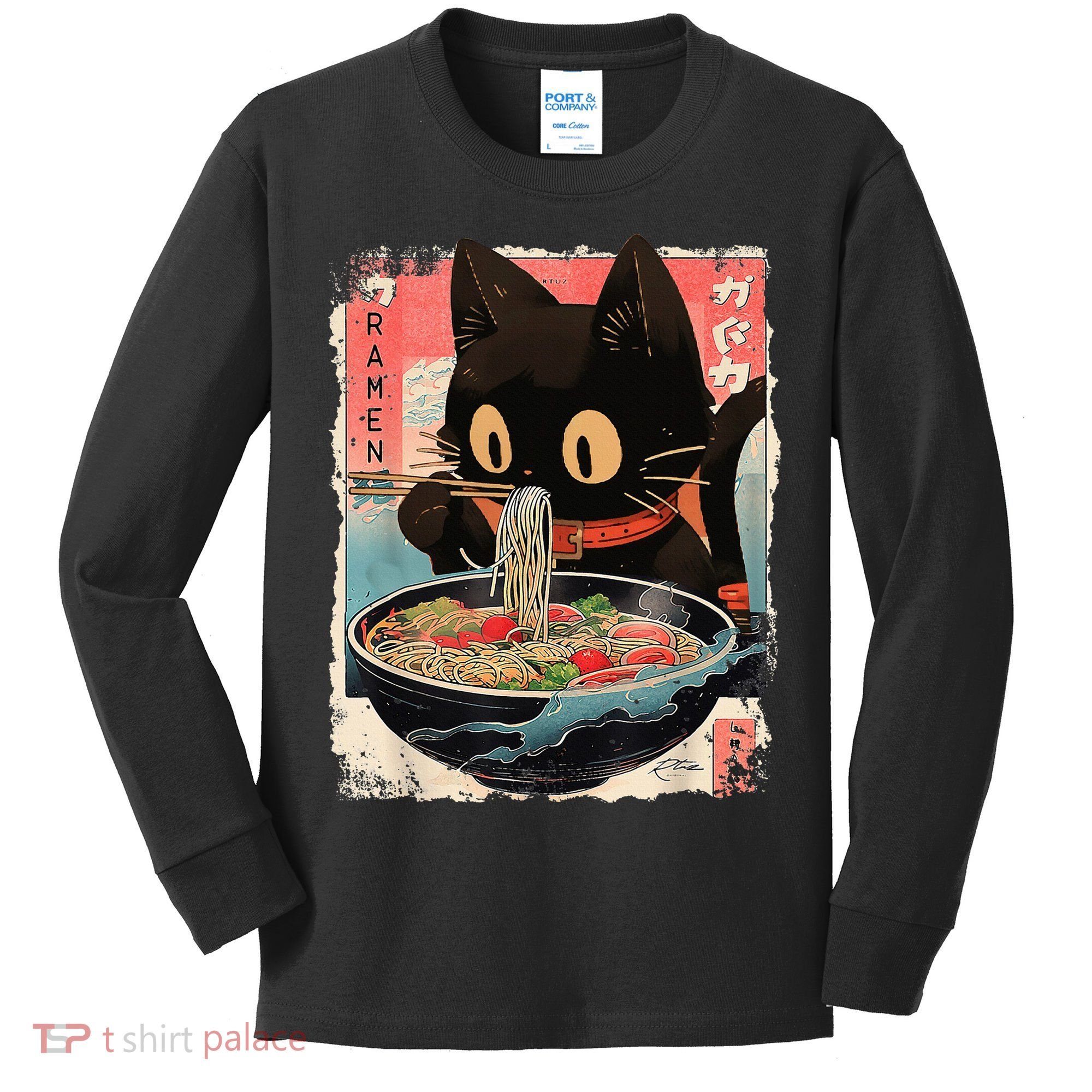 Kawaii Cat Eating Ramen Noodles Anime Kids Long Sleeve Shirt