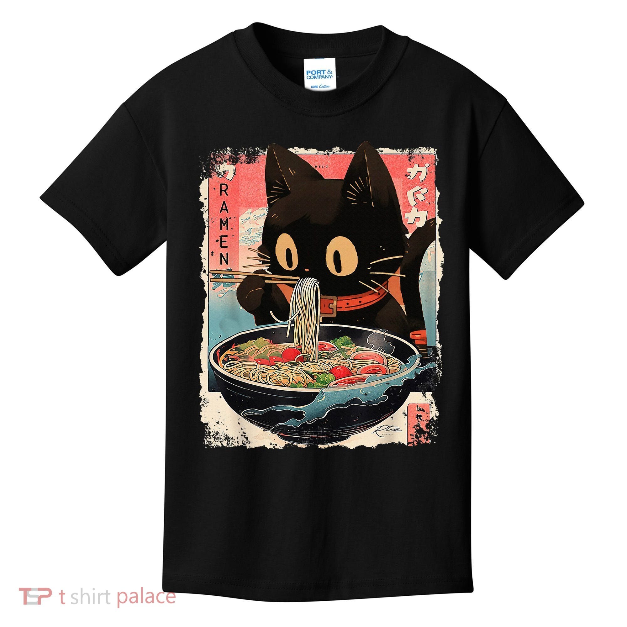 Kawaii Cat Eating Ramen Noodles Anime Kids T-Shirt