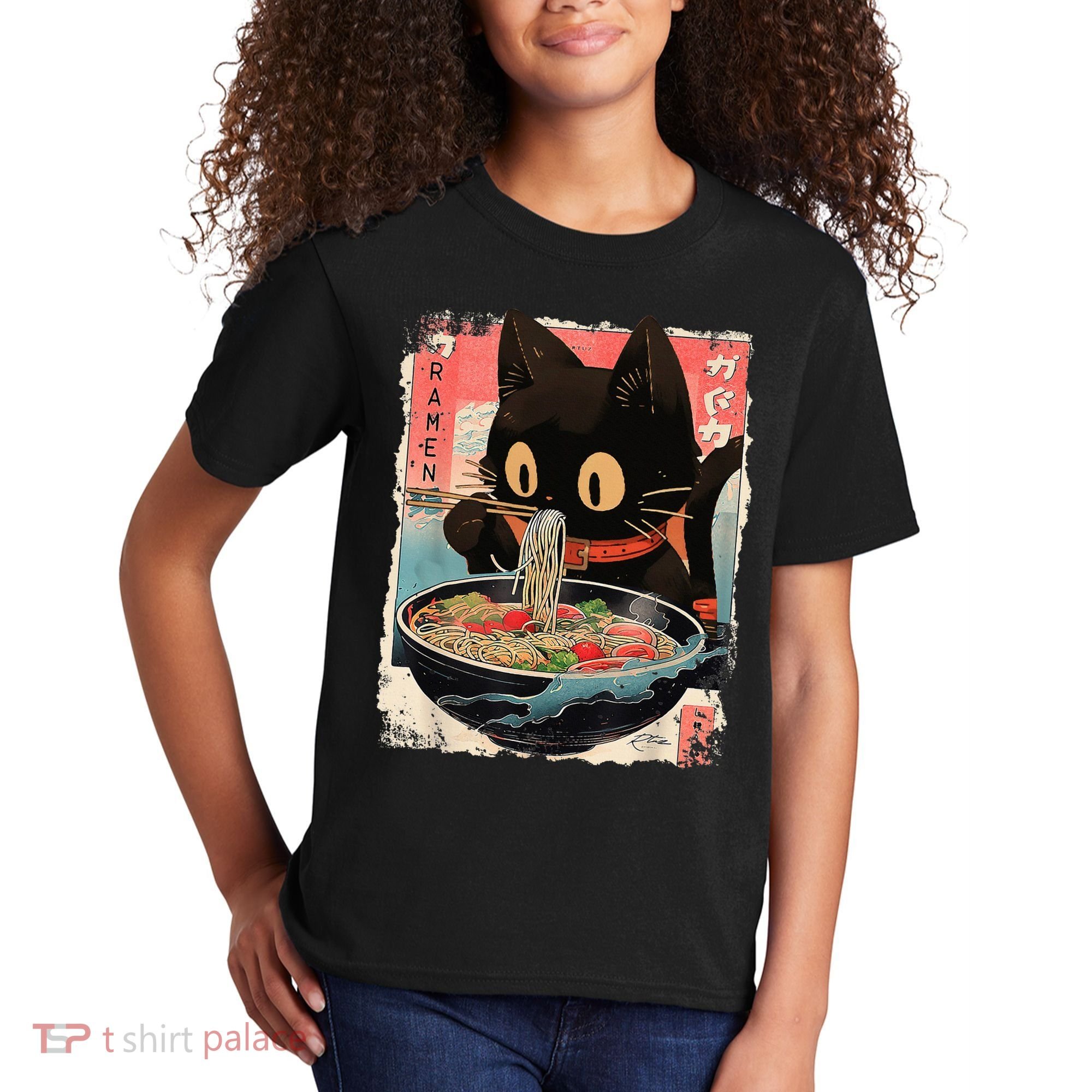 Kawaii Cat Eating Ramen Noodles Anime Kids T-Shirt