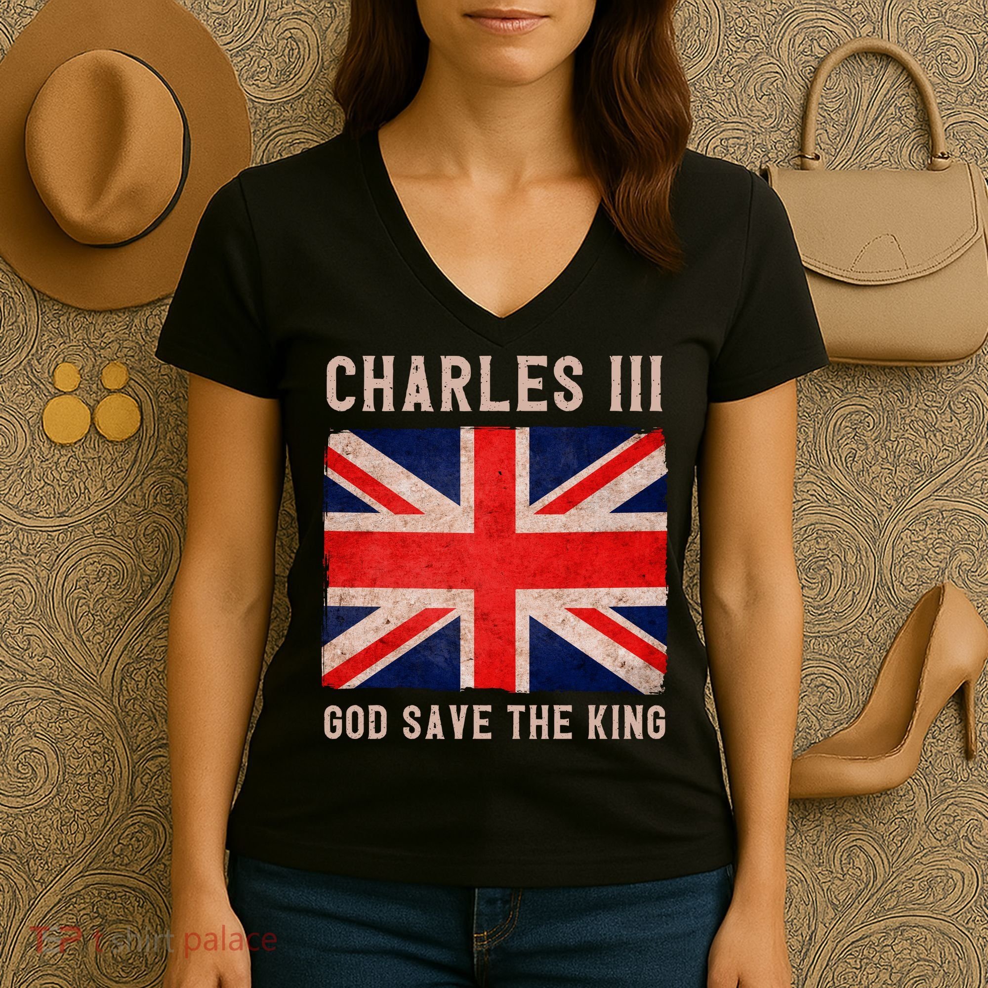 King Charles III God Save The King Monarchy UK Women's V-Neck T-Shirt