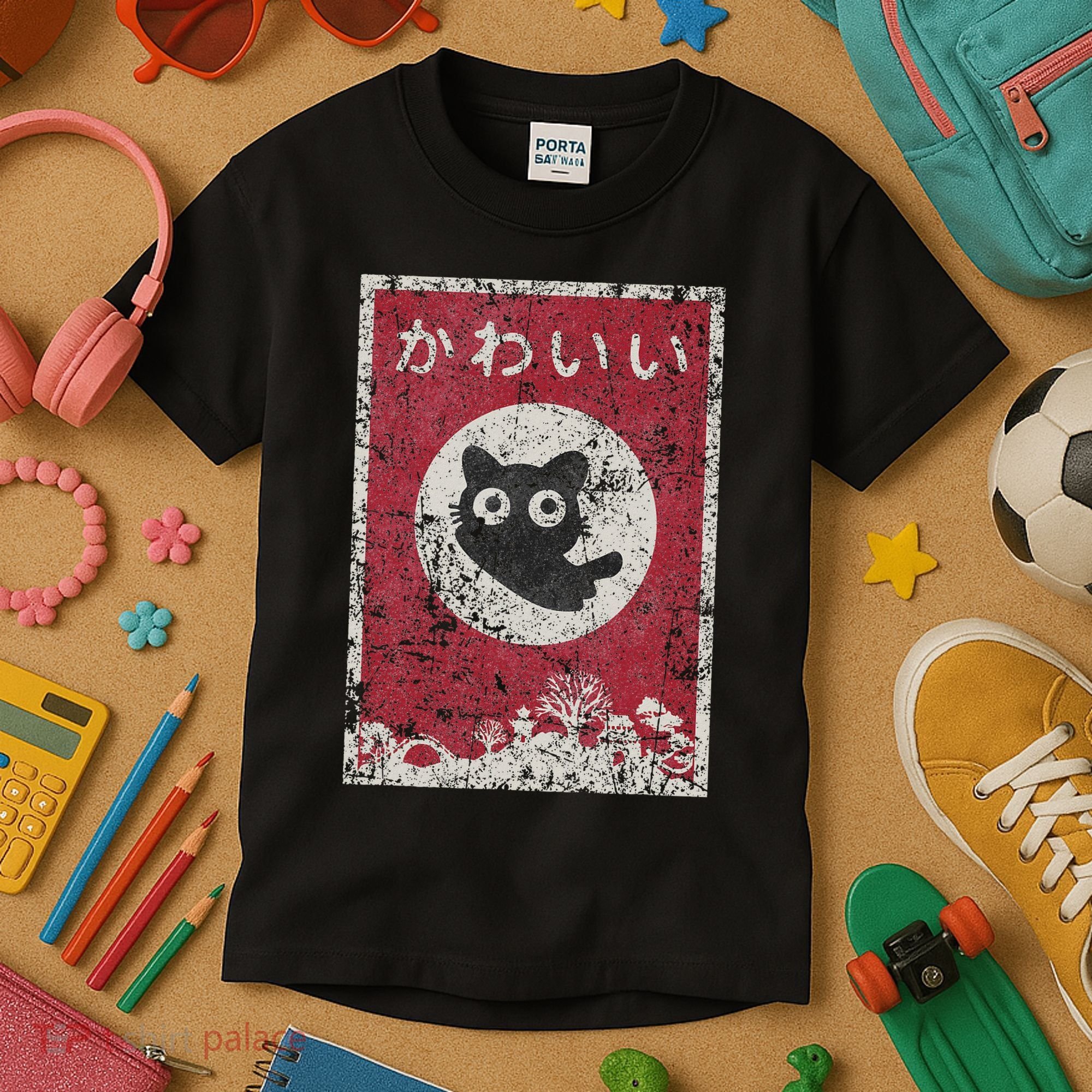 Kawaii Cat Japanese Black Anime Cat Kids T-Shirt