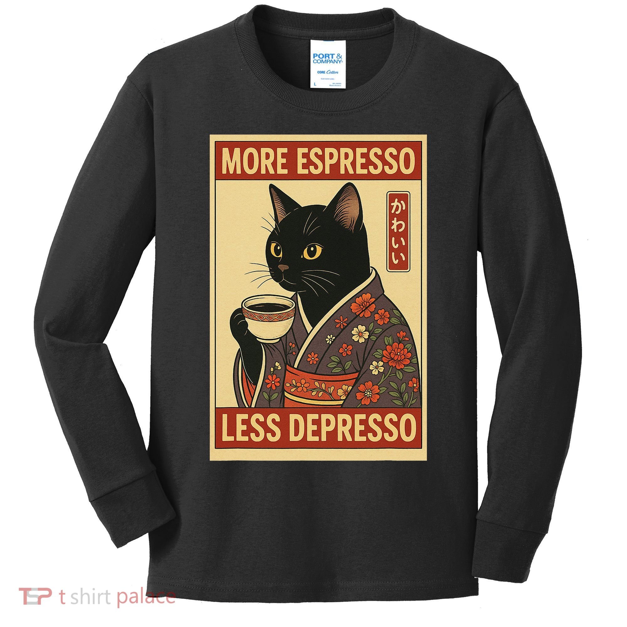 Kawaii Cat More Espresso Less Depresso - Gift For Cat Lover Kids Long Sleeve Shirt