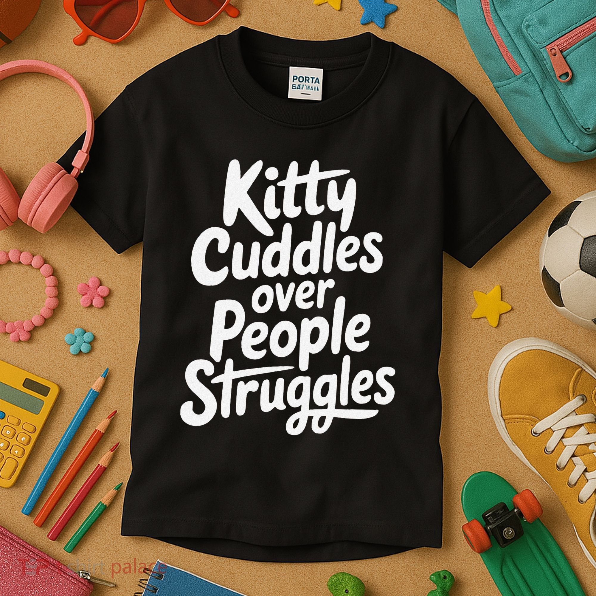 Kitty Cuddles Over People Struggles Funny Cat Lover Kids T-Shirt