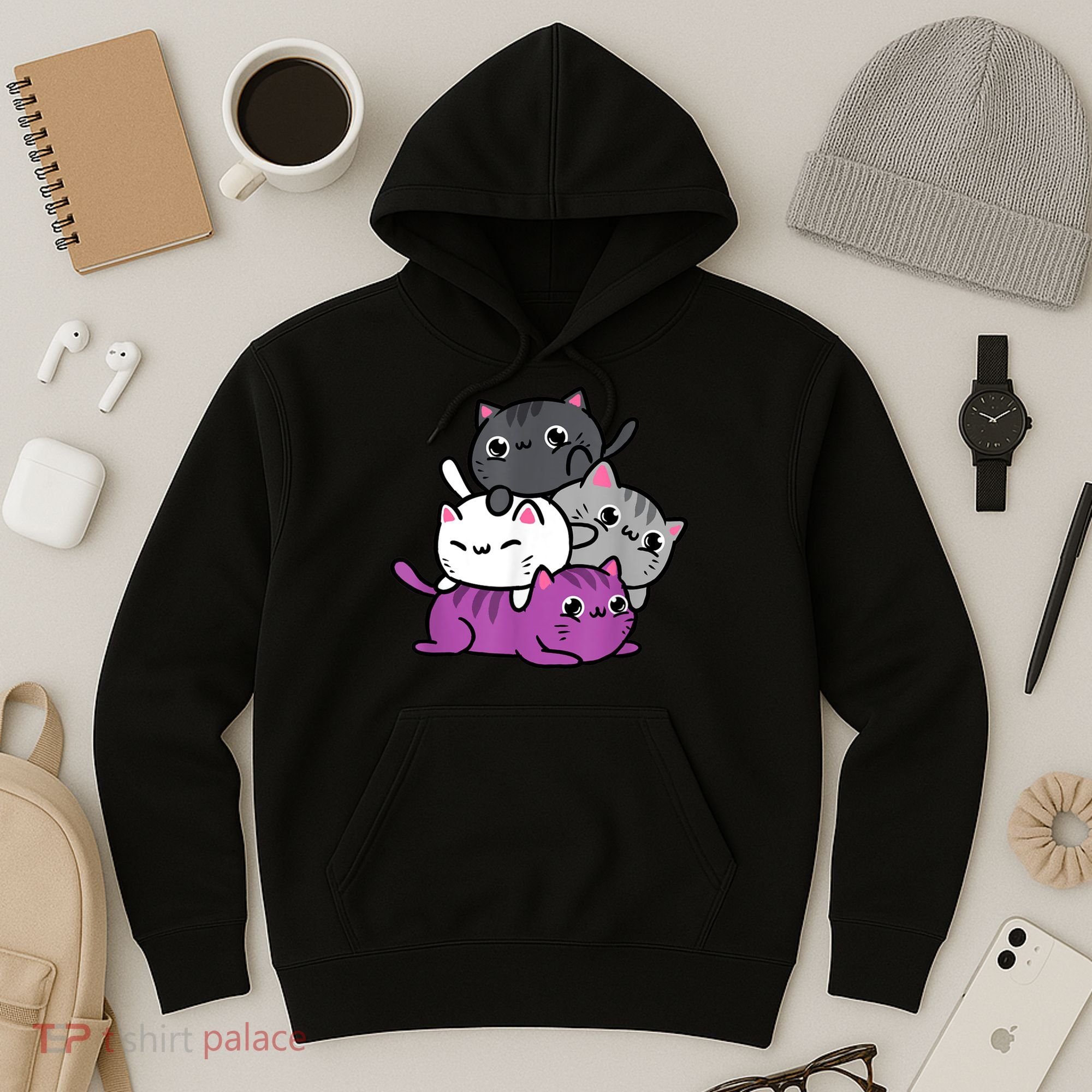 Kawaii Cat Pile Asexual Pride Hoodie