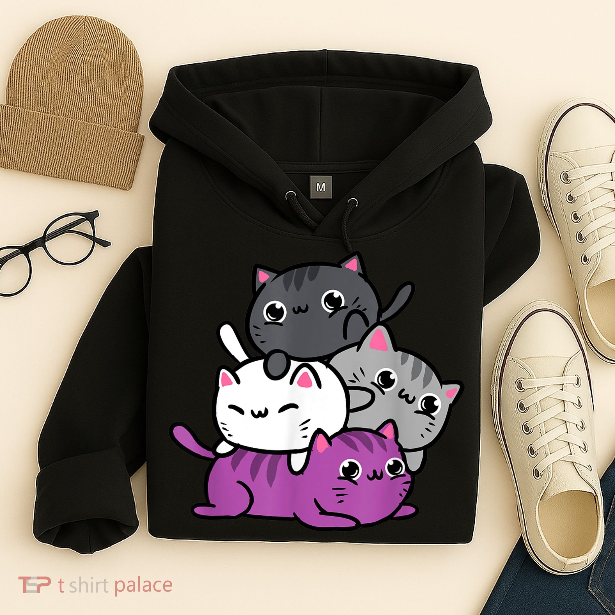 Kawaii Cat Pile Asexual Pride Hoodie