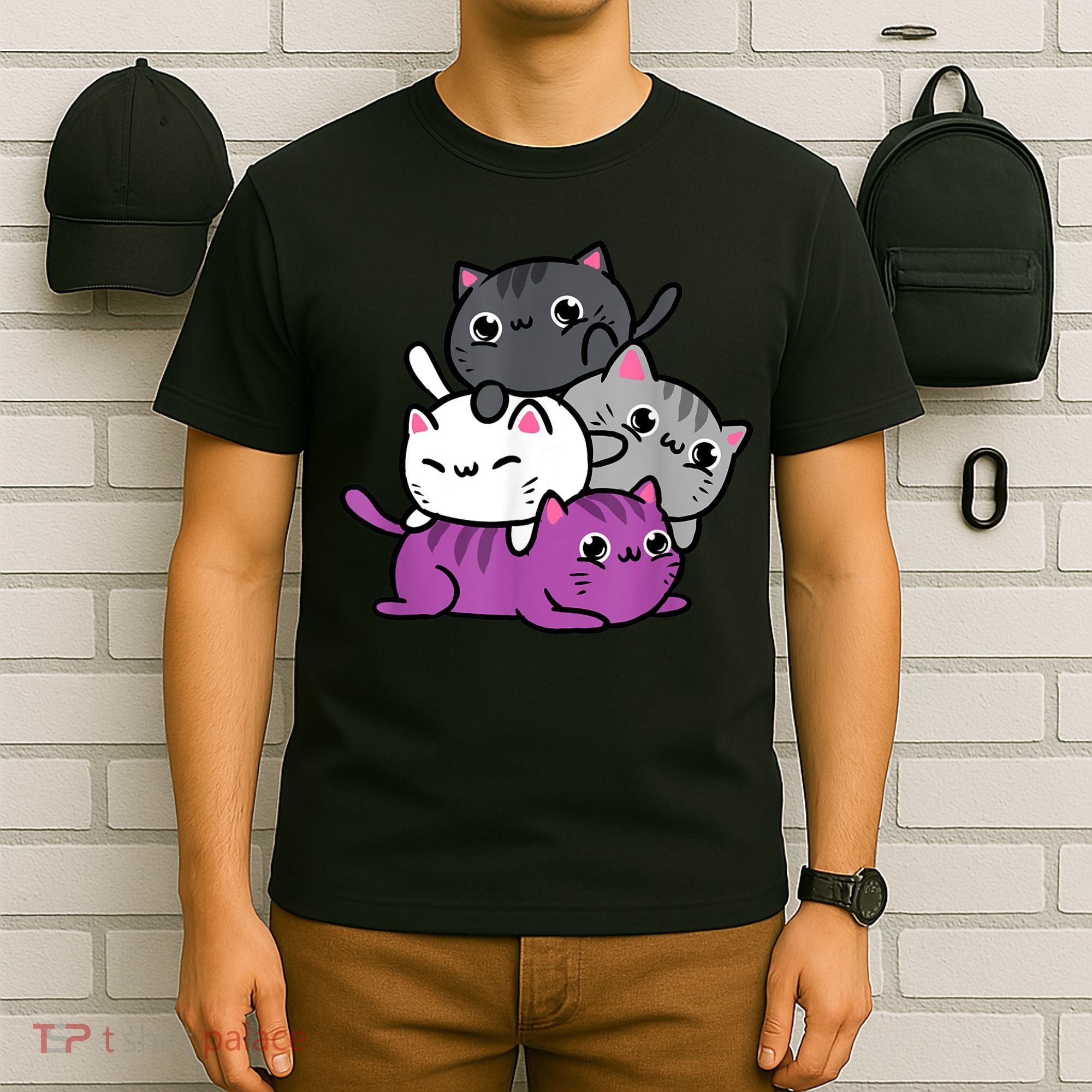 Kawaii Cat Pile Asexual Pride T-Shirt