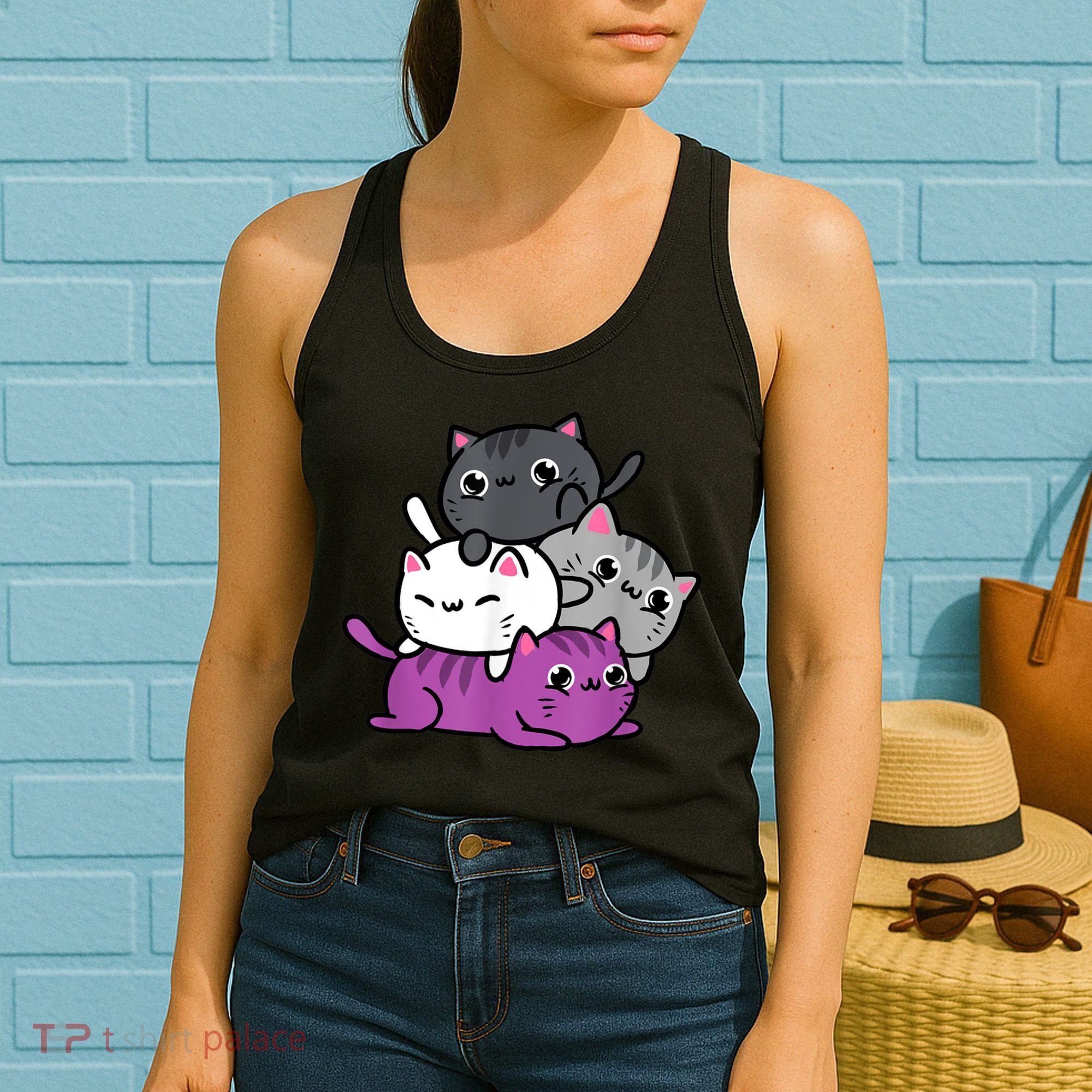 Kawaii Cat Pile Asexual Pride Women's Tank Top