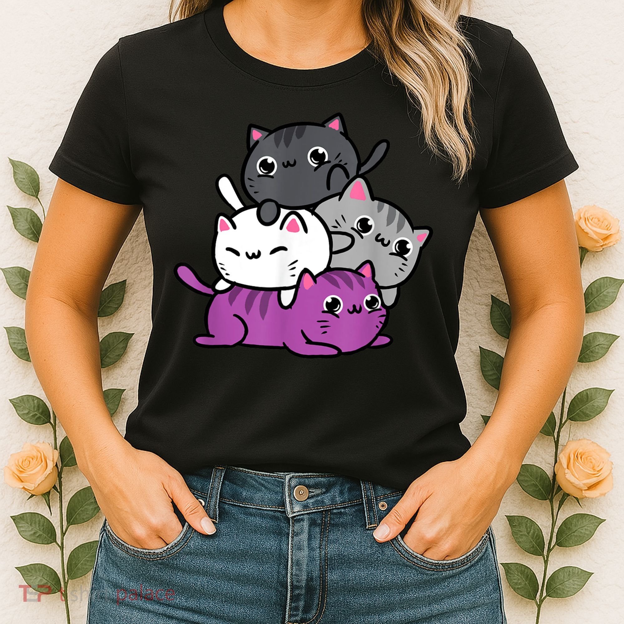 Kawaii Cat Pile Asexual Pride Women's T-Shirt