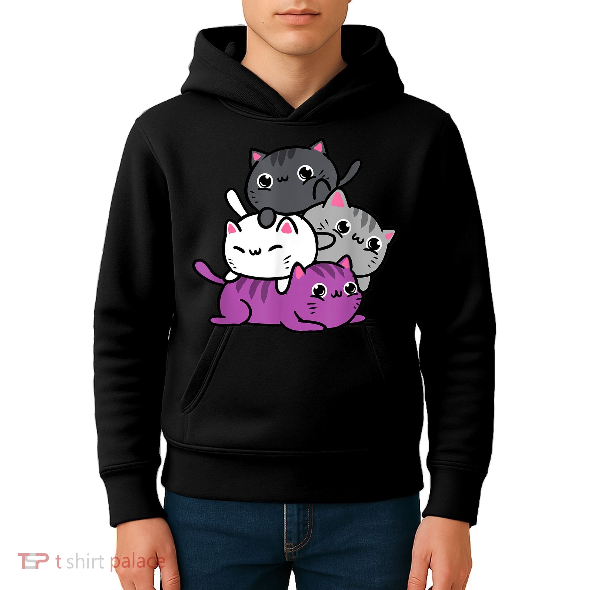 Kawaii Cat Pile Asexual Pride Kids Hoodie