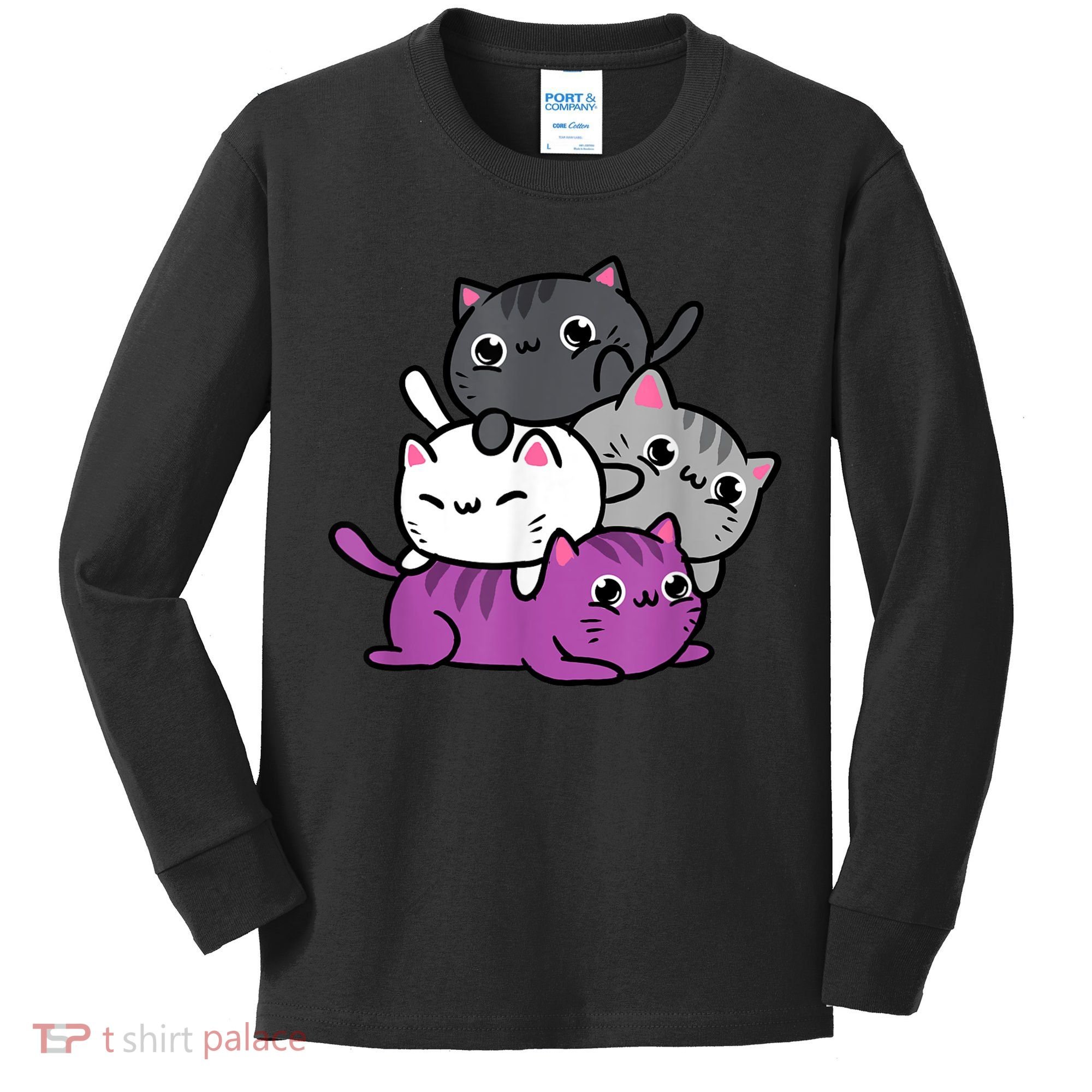 Kawaii Cat Pile Asexual Pride Kids Long Sleeve Shirt