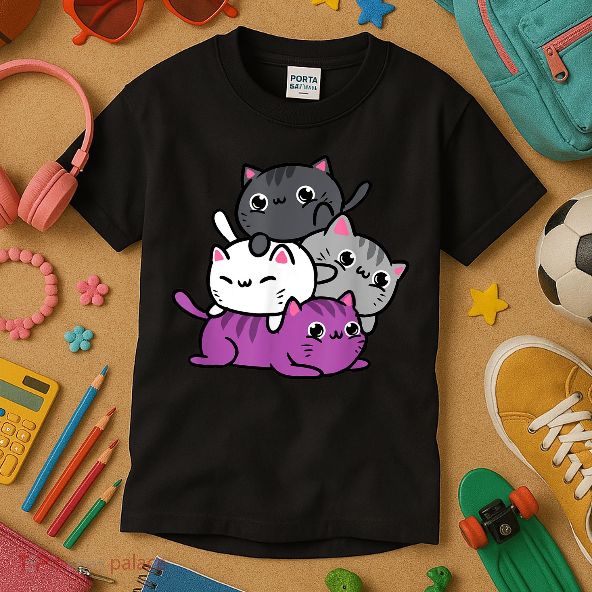 Kawaii Cat Pile Asexual Pride Kids T-Shirt