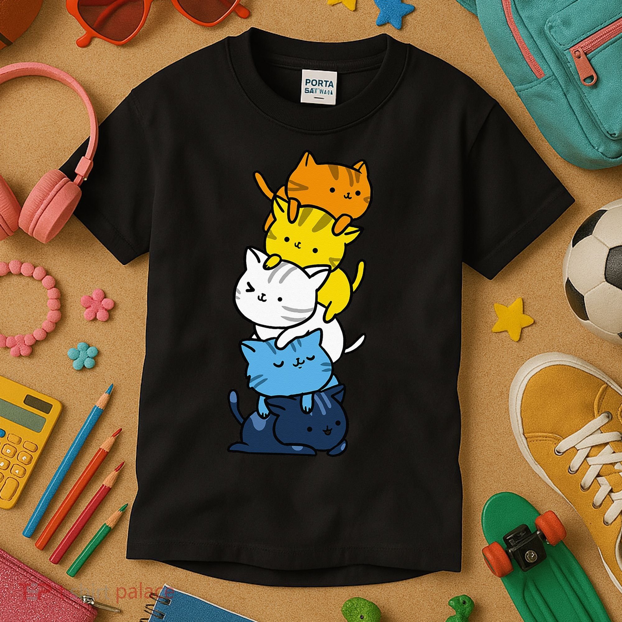 Kawaii Cat Pile Aroace Pride Flag Kids T-Shirt