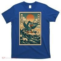 Kawaii Cute Surfing Bird Vintage Japanese Blue Wave Adventure  T-Shirt thumb 0