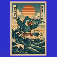 Kawaii Cute Surfing Bird Vintage Japanese Blue Wave Adventure  T-Shirt thumb 7