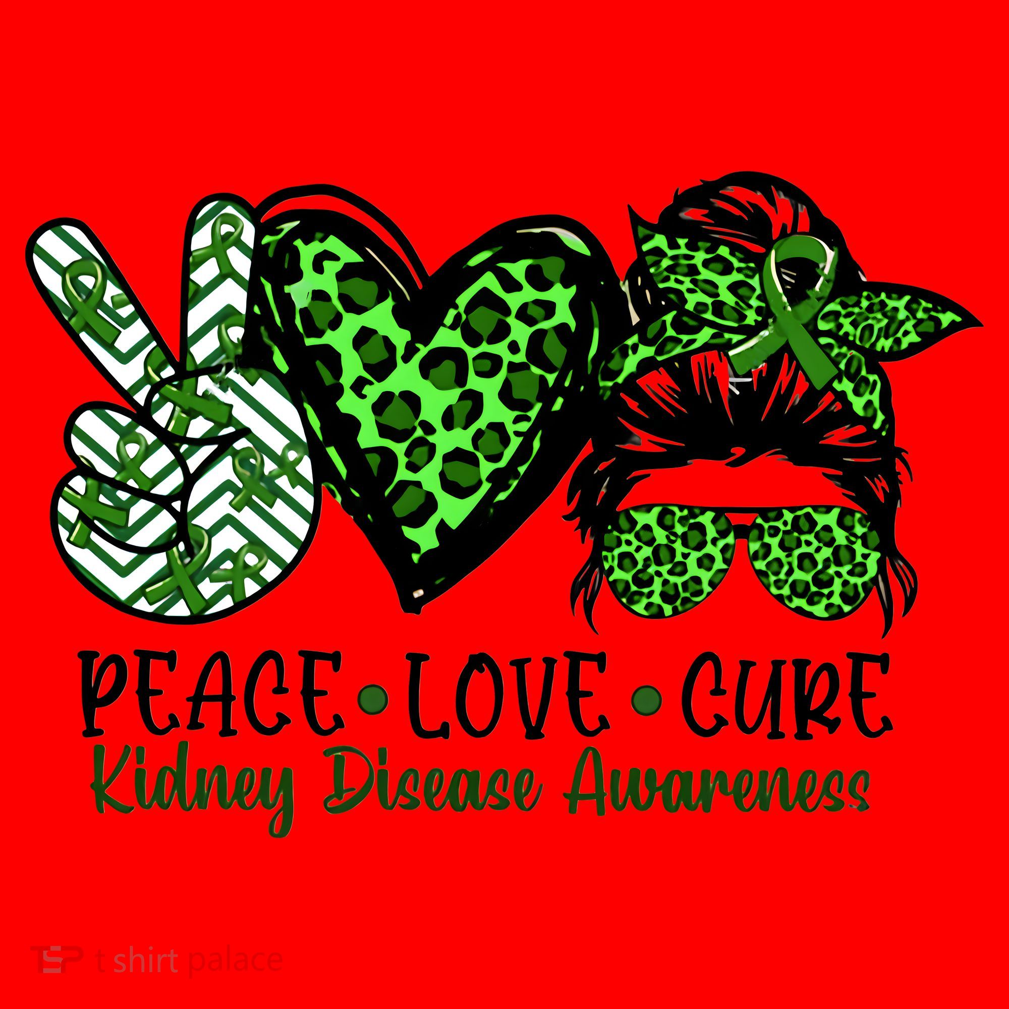 Kidney Disease Awareness Peace Love Cure Green Ribbon Messy Bun Kidney Santa Hat