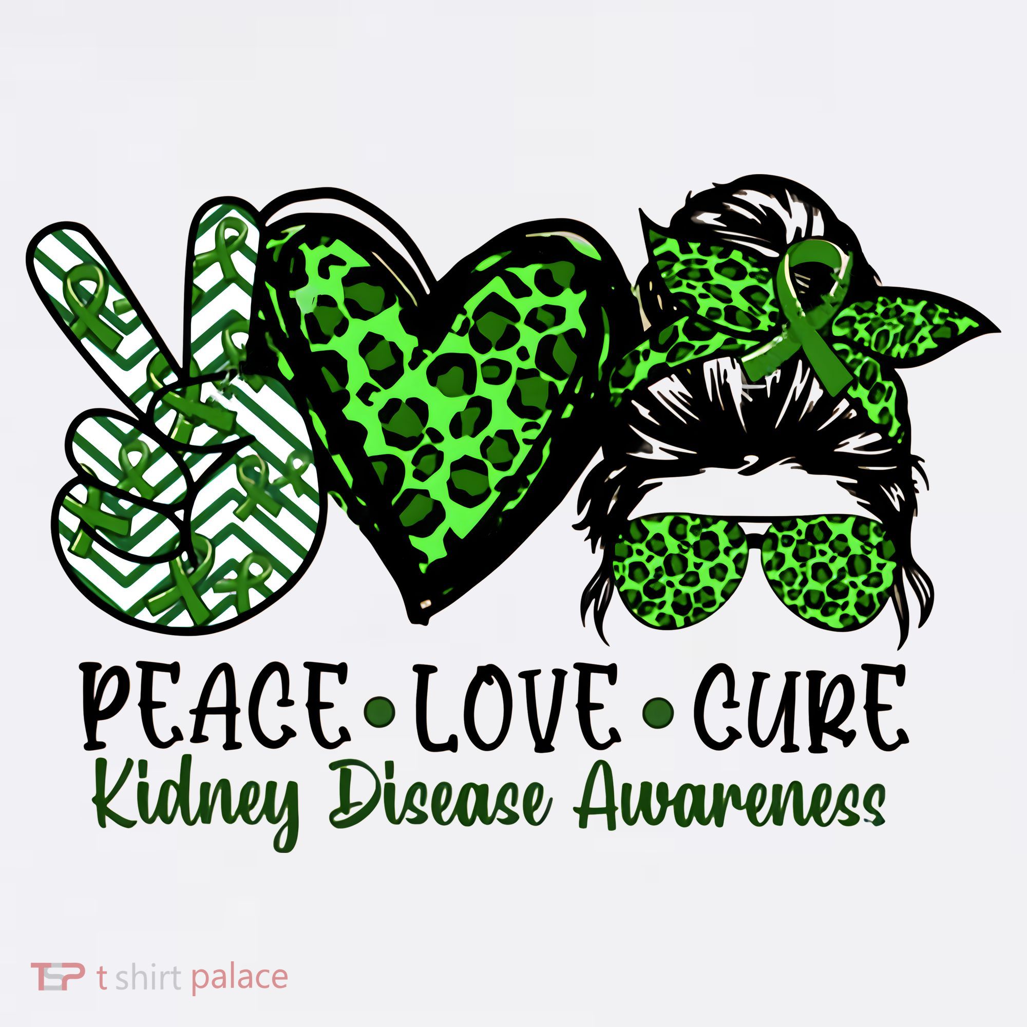 Kidney Disease Awareness Peace Love Cure Green Ribbon Messy Bun Kidney Doggie Tank