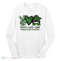 Kidney Disease Awareness Peace Love Cure Green Ribbon Messy Bun Kidney Long Sleeve Shirt thumb 0