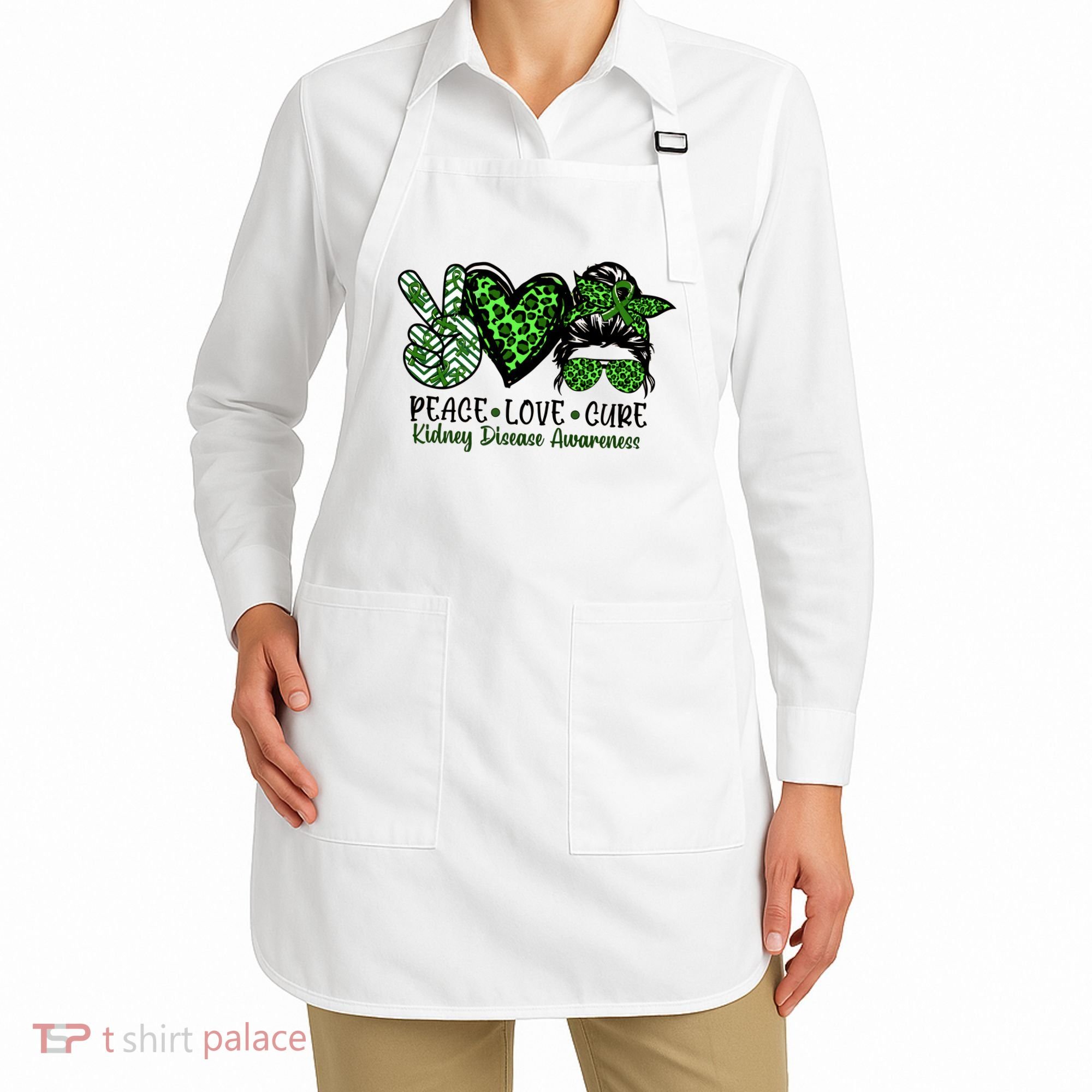 Kidney Disease Awareness Peace Love Cure Green Ribbon Messy Bun Kidney Apron