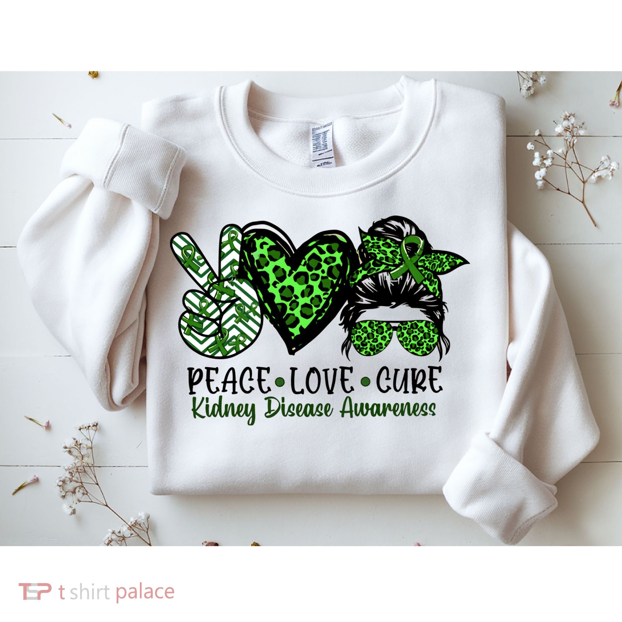 Kidney Disease Awareness Peace Love Cure Green Ribbon Messy Bun Kidney Sweatshirt