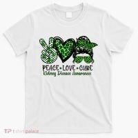 Kidney Disease Awareness Peace Love Cure Green Ribbon Messy Bun Kidney T-Shirt thumb 0