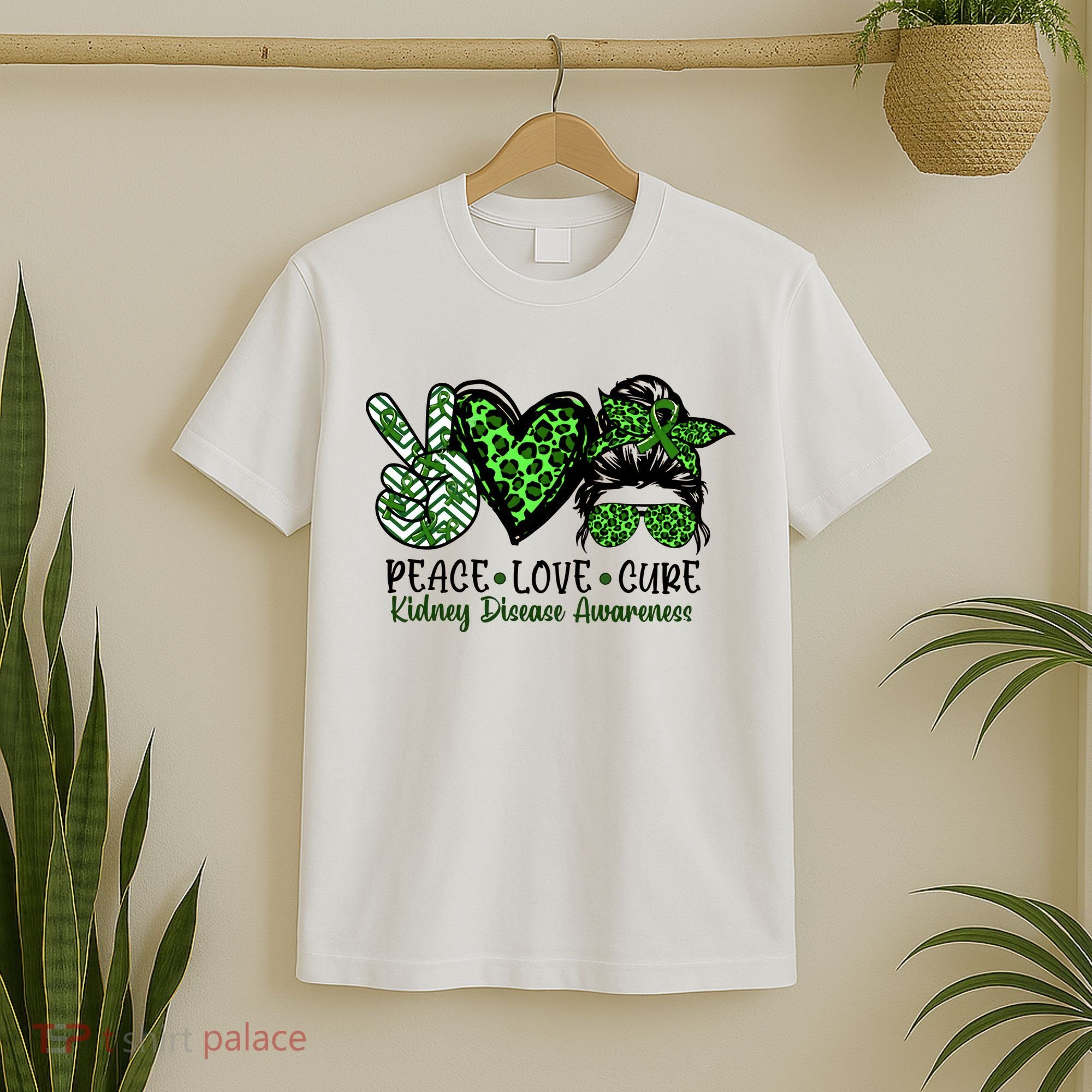 Kidney Disease Awareness Peace Love Cure Green Ribbon Messy Bun Kidney T-Shirt