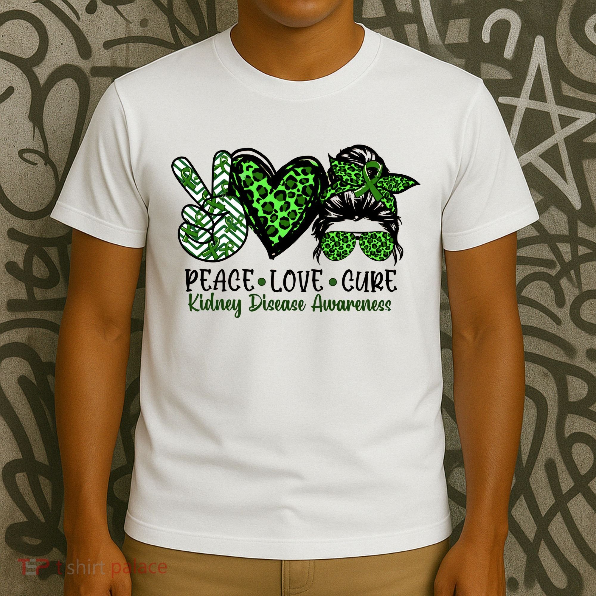 Kidney Disease Awareness Peace Love Cure Green Ribbon Messy Bun Kidney T-Shirt