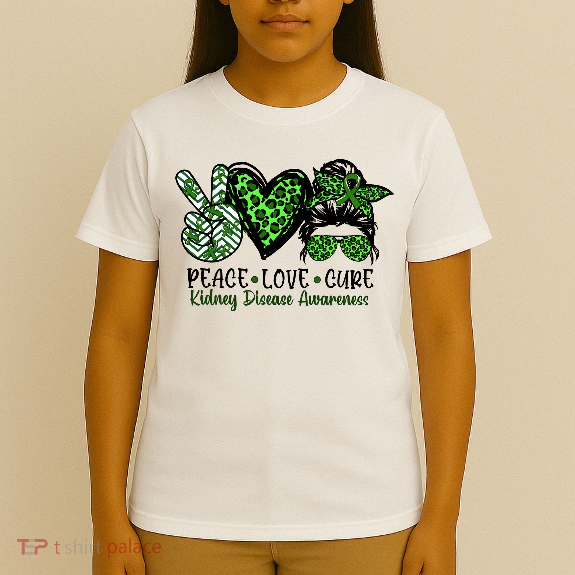 Kidney Disease Awareness Peace Love Cure Green Ribbon Messy Bun Kidney T-Shirt