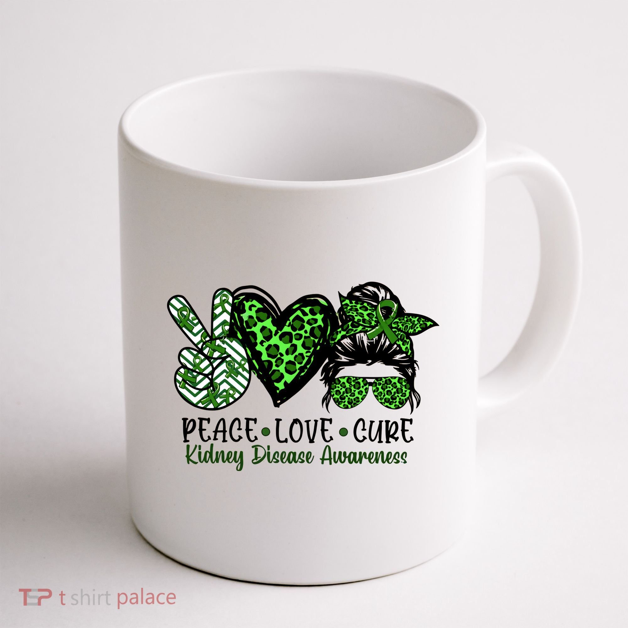 Kidney Disease Awareness Peace Love Cure Green Ribbon Messy Bun Kidney Coffee Mug