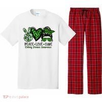 Kidney Disease Awareness Peace Love Cure Green Ribbon Messy Bun Kidney Pajama Set thumb 0