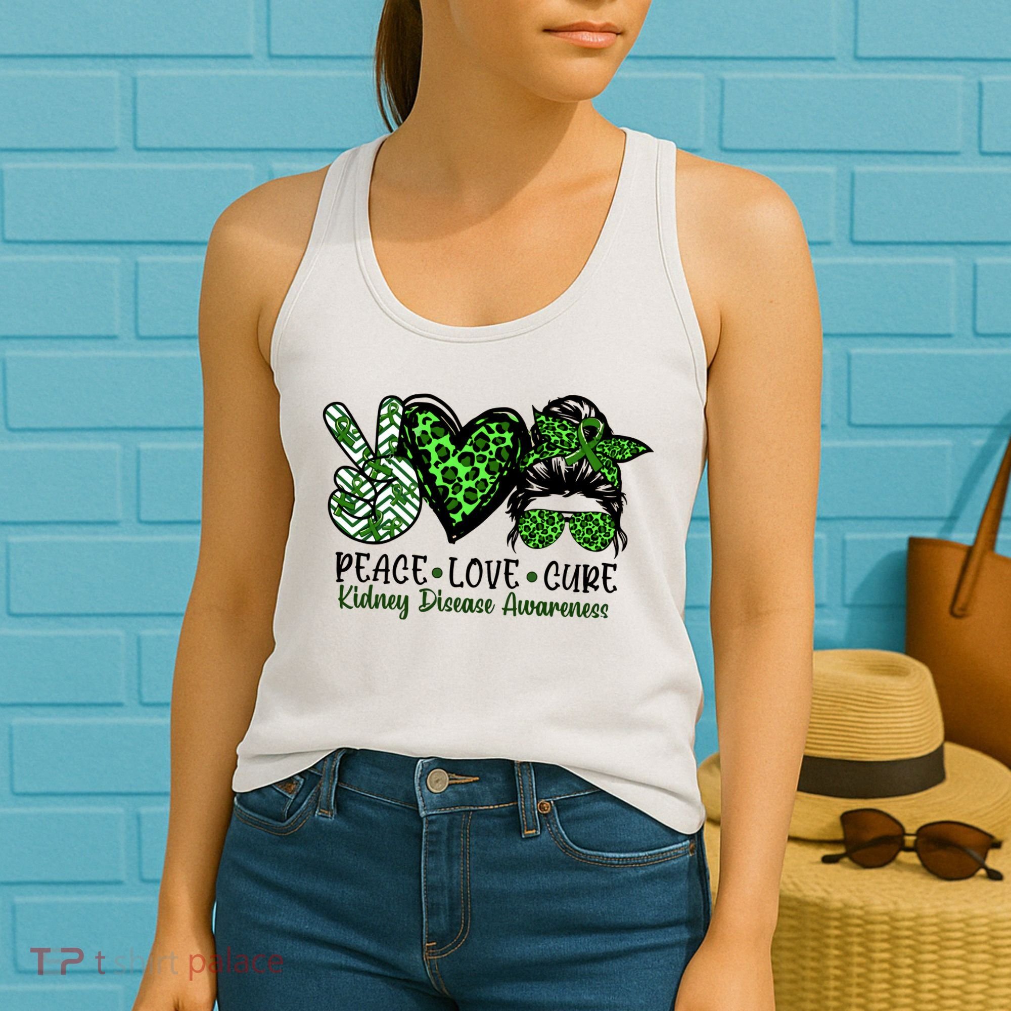 Kidney Disease Awareness Peace Love Cure Green Ribbon Messy Bun Kidney Women's Tank Top